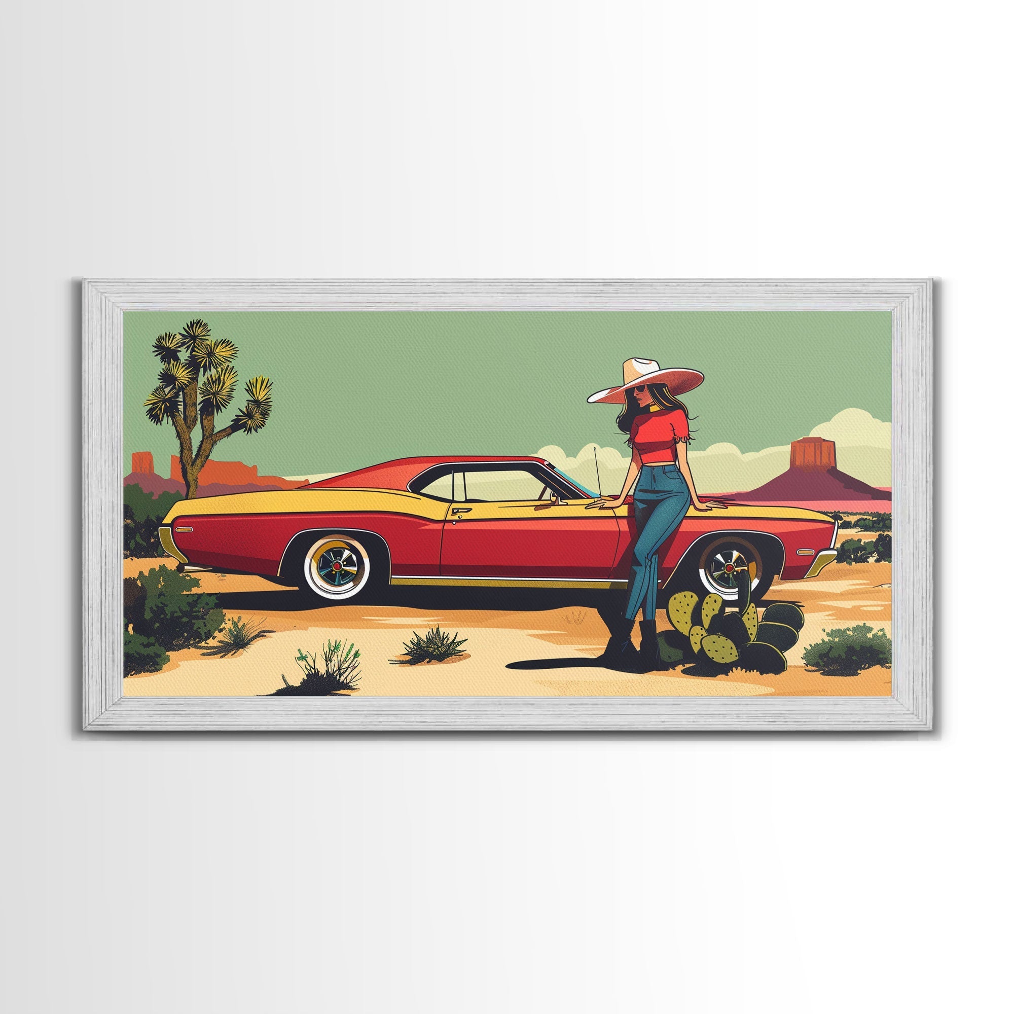 Retro Cowgirl with Red Car in Desert Landscape, Framed Canvas Print for Stylish Living Room Decor, Ideal Bedroom Wall Art