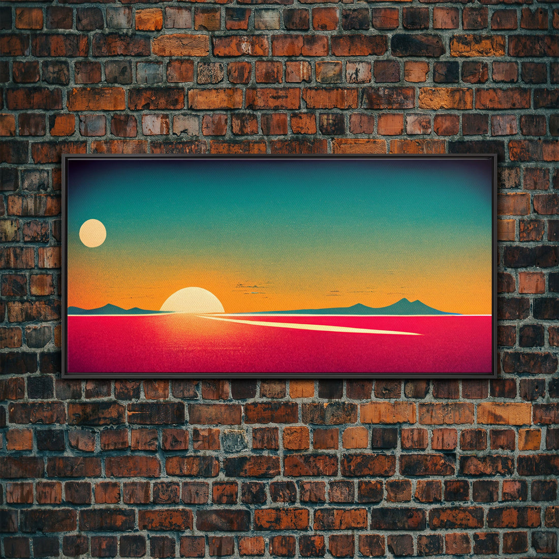 Art Deco Wall Decor, Wall Art, Framed Canvas Print, Retro Style Sunset Art, Scifi Wall Decor, 2 Suns