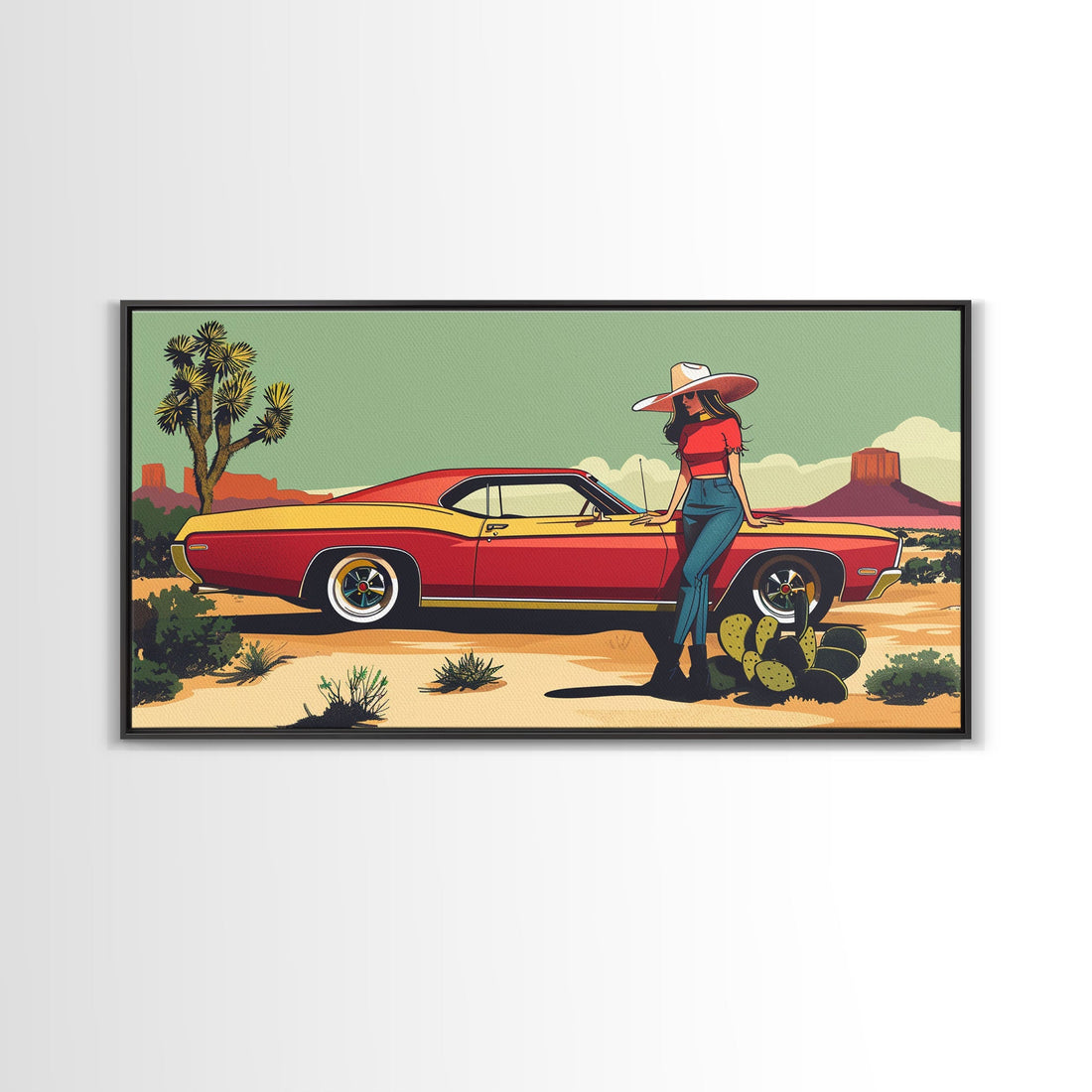 Retro Cowgirl with Red Car in Desert Landscape, Framed Canvas Print for Stylish Living Room Decor, Ideal Bedroom Wall Art