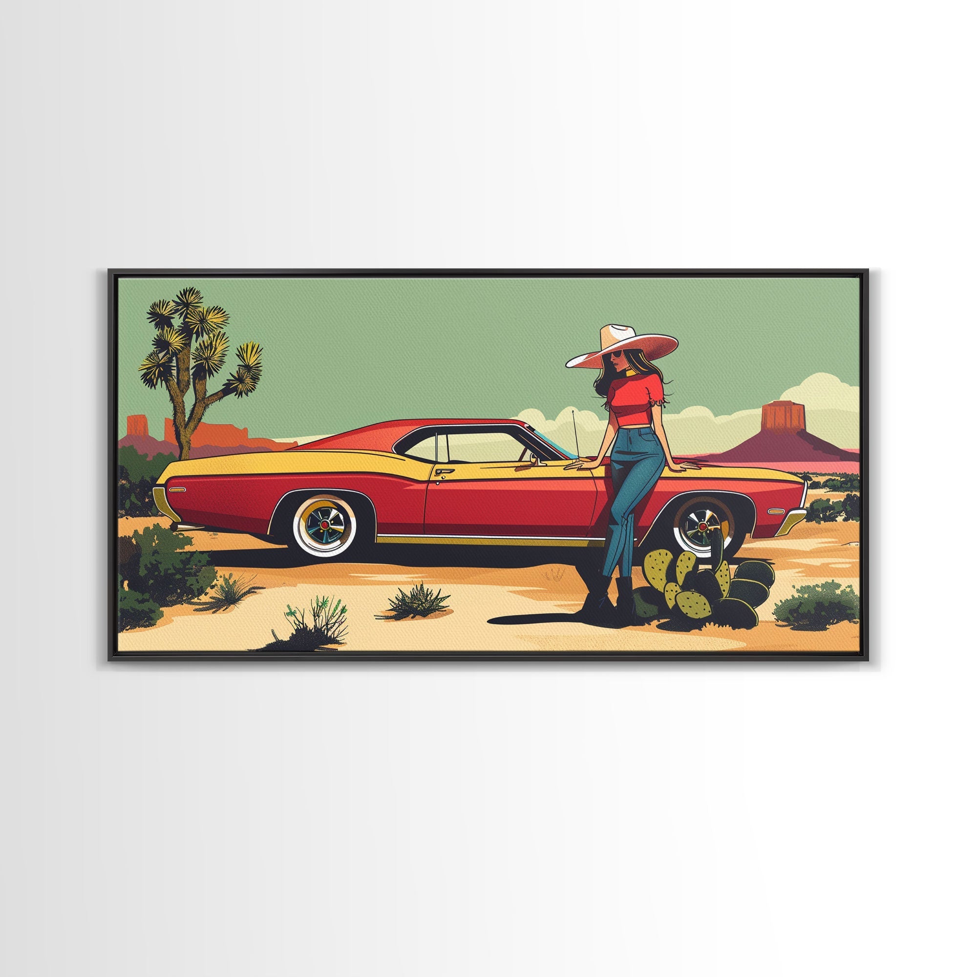 Retro Cowgirl with Red Car in Desert Landscape, Framed Canvas Print for Stylish Living Room Decor, Ideal Bedroom Wall Art