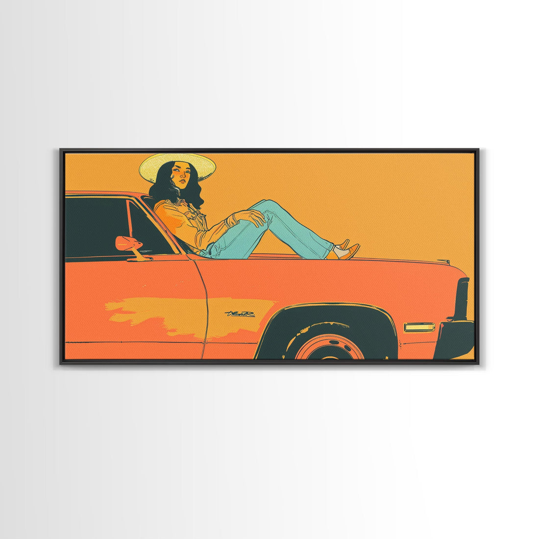 Relaxed Cowgirl Sitting on Car Hood, Retro Framed Canvas Print for Bedroom, Perfect Living Room Art, Vintage Wall Decor