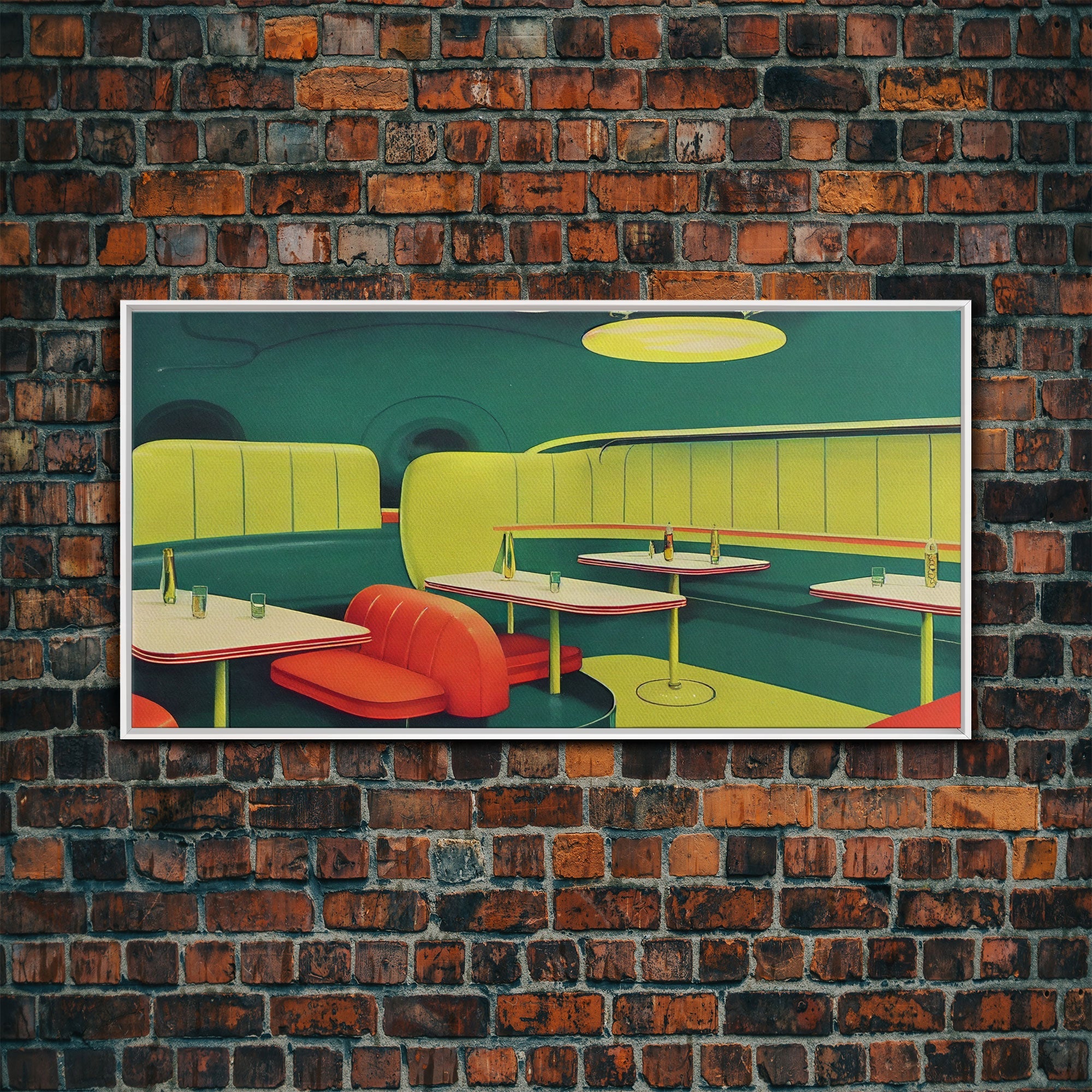 Retro Art, Lime green 1950s style art deco diner, framed canvas print, ready to hang framed wall art