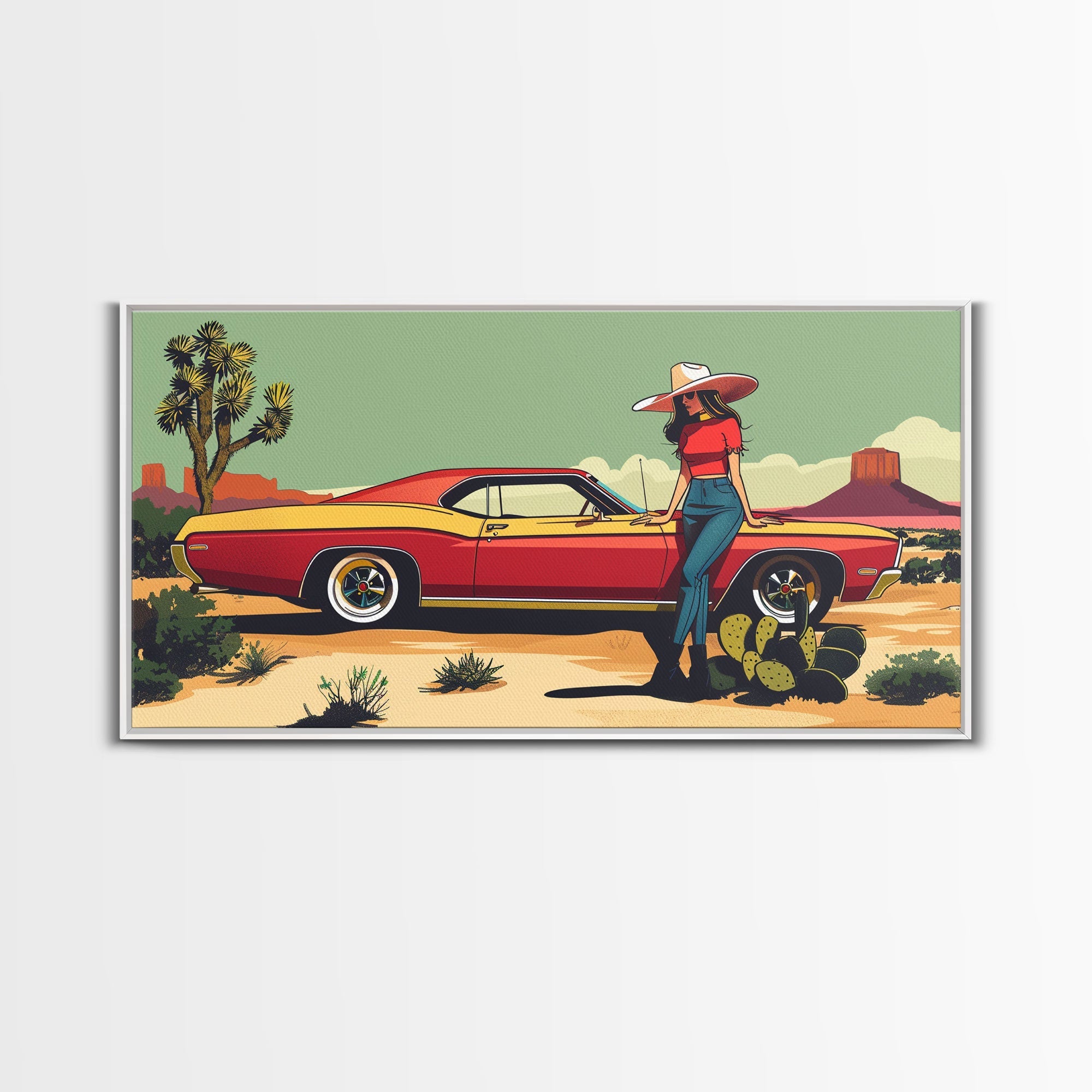 Retro Cowgirl with Red Car in Desert Landscape, Framed Canvas Print for Stylish Living Room Decor, Ideal Bedroom Wall Art