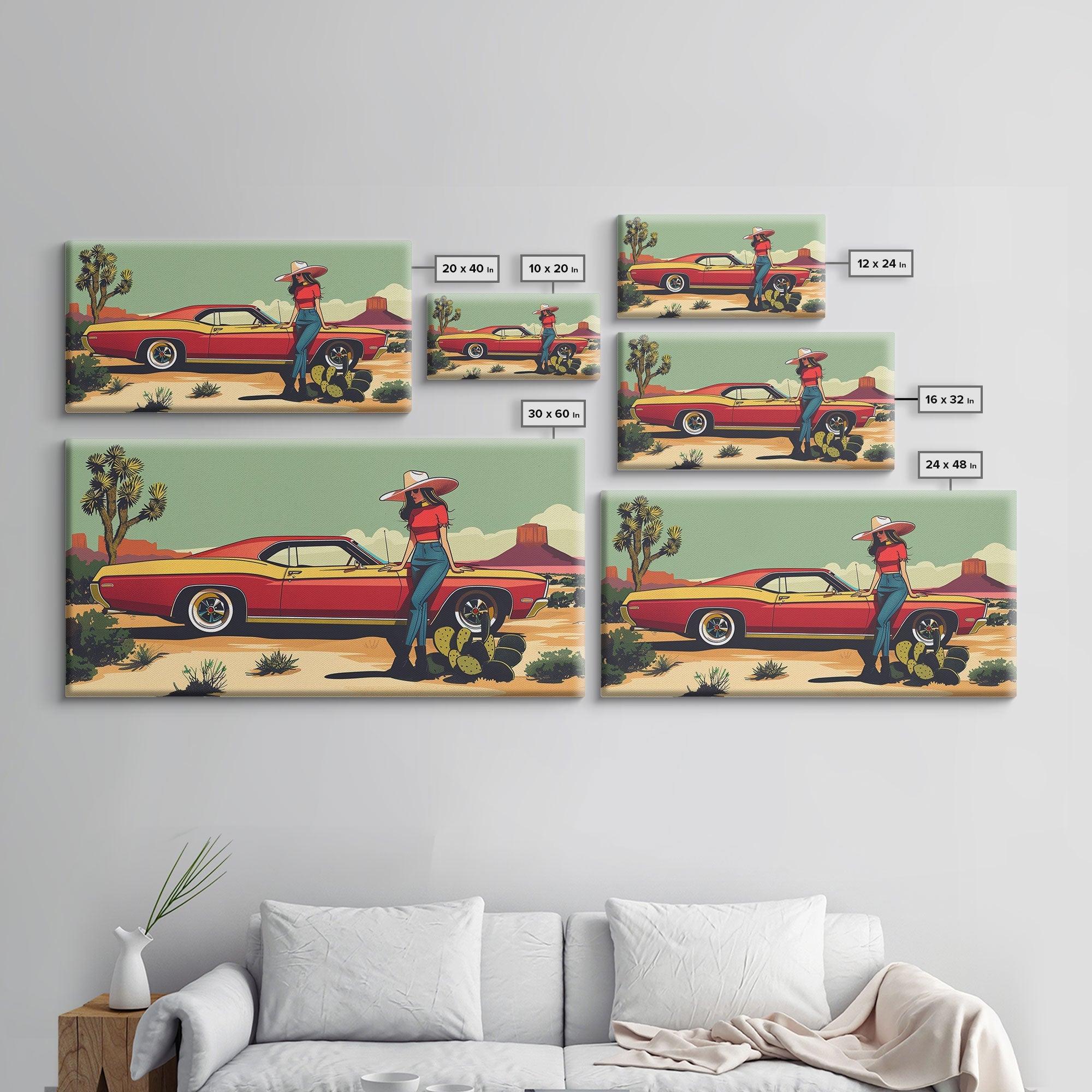 Retro Cowgirl with Red Car in Desert Landscape, Framed Canvas Print for Stylish Living Room Decor, Ideal Bedroom Wall Art