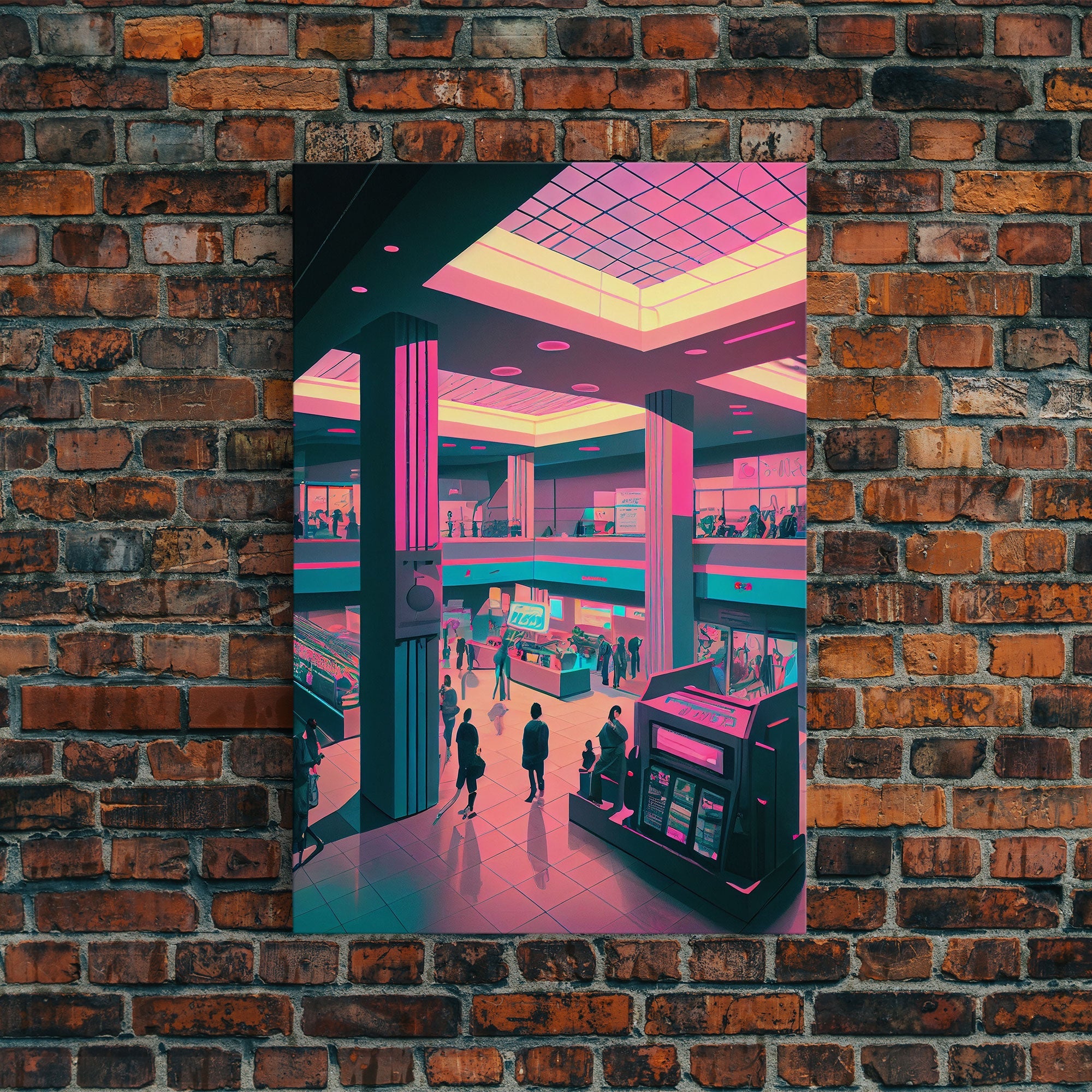 Monument to Capitalism, Retro 80's mall art, framed canvas print, vaporwave aesthetic consumer art