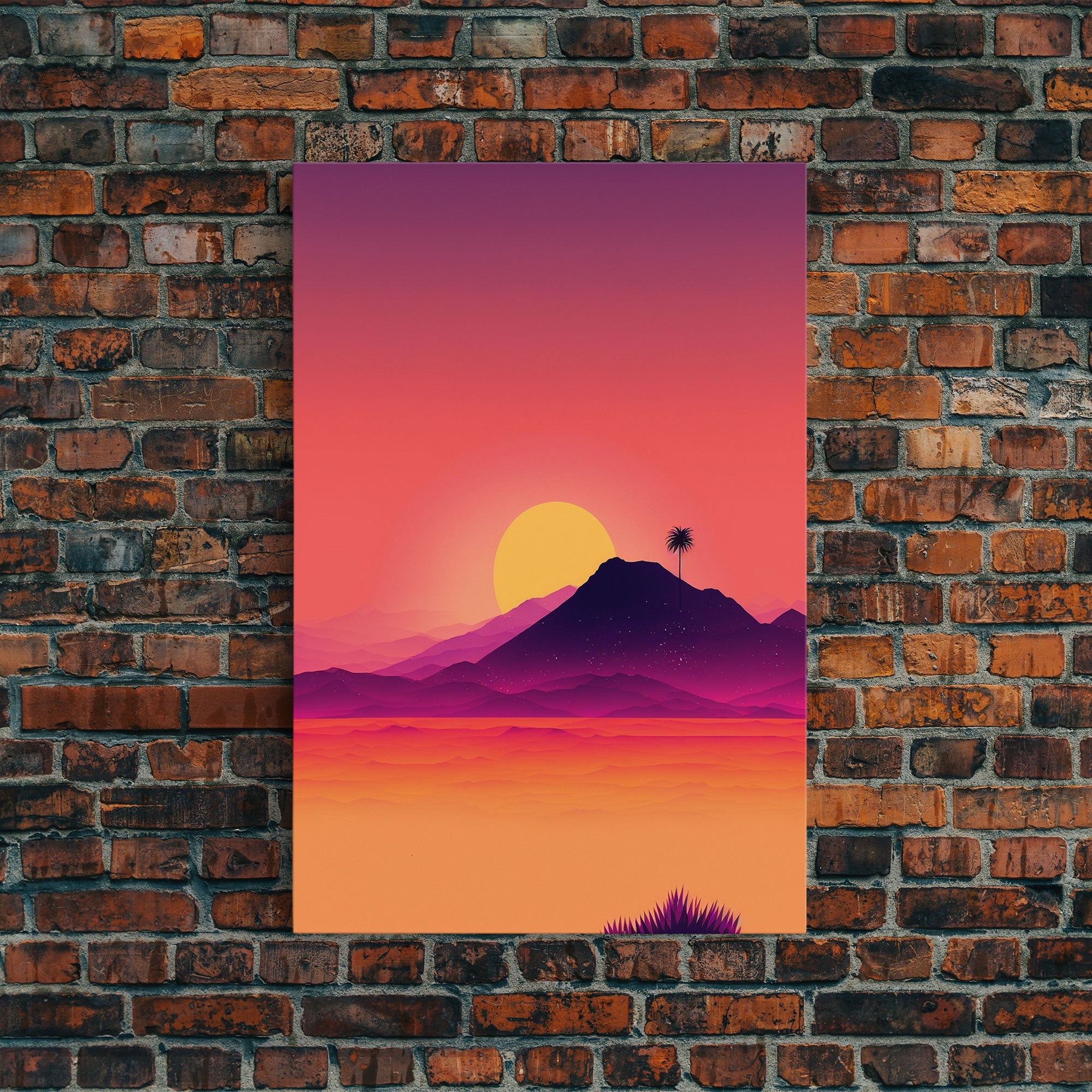 Outrun Style Desert Sunset, Framed Canvas Print, Retro Style 80s Vibe Wall Decor, Office Art, Game Room Decor, Living Room Gamer Art
