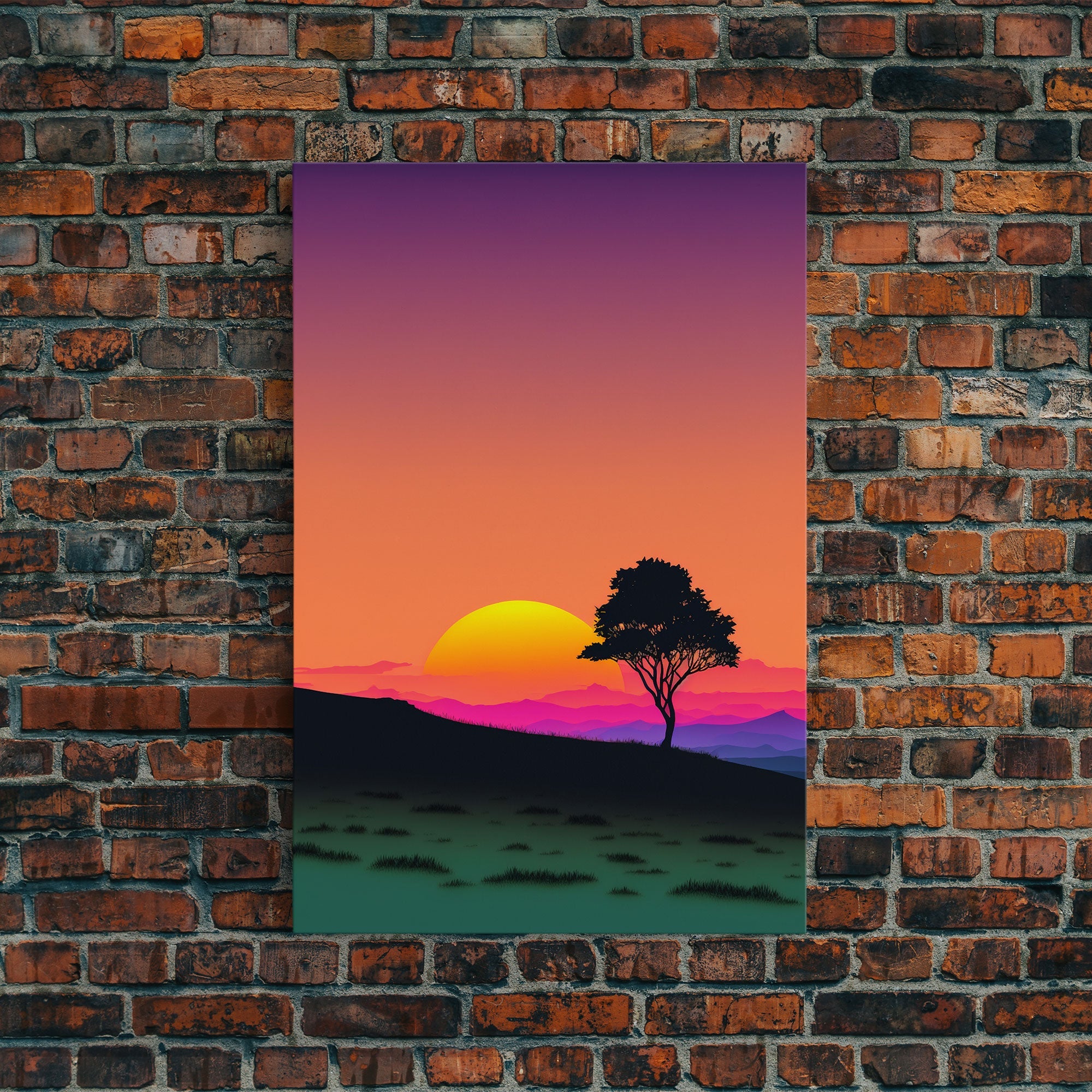 A Lone Tree in a Texas Field At Sunset, Retro Style MCM Art, Framed Canvas Print, Trendy Wall Prints, Landscape and Sunset Outrun Art