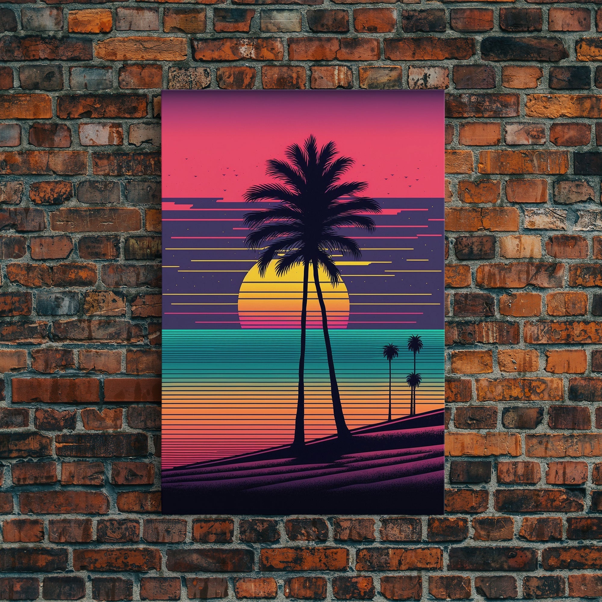 Synthwave Sunset, Retro Office Art, 80s Vibes, Framed Canvas Print, Framed Art, Trendy Wall Hanging