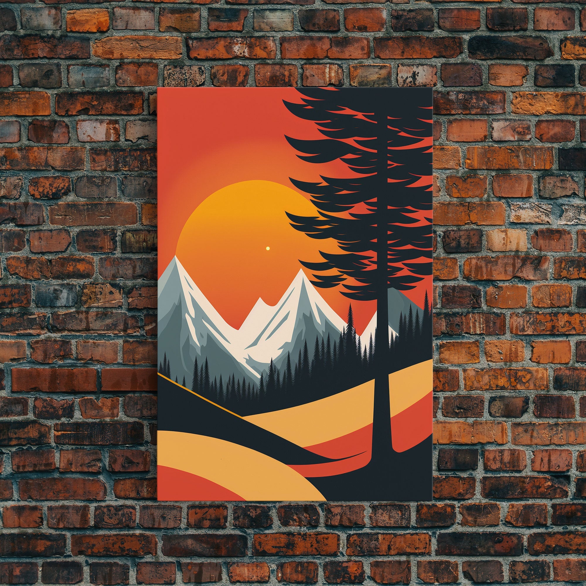 Retro Landscape Art, Sunset Over The Mountains, Framed Canvas Print, Minimalist Pop Art, Above Sofa Living Room Art, Entryway Art