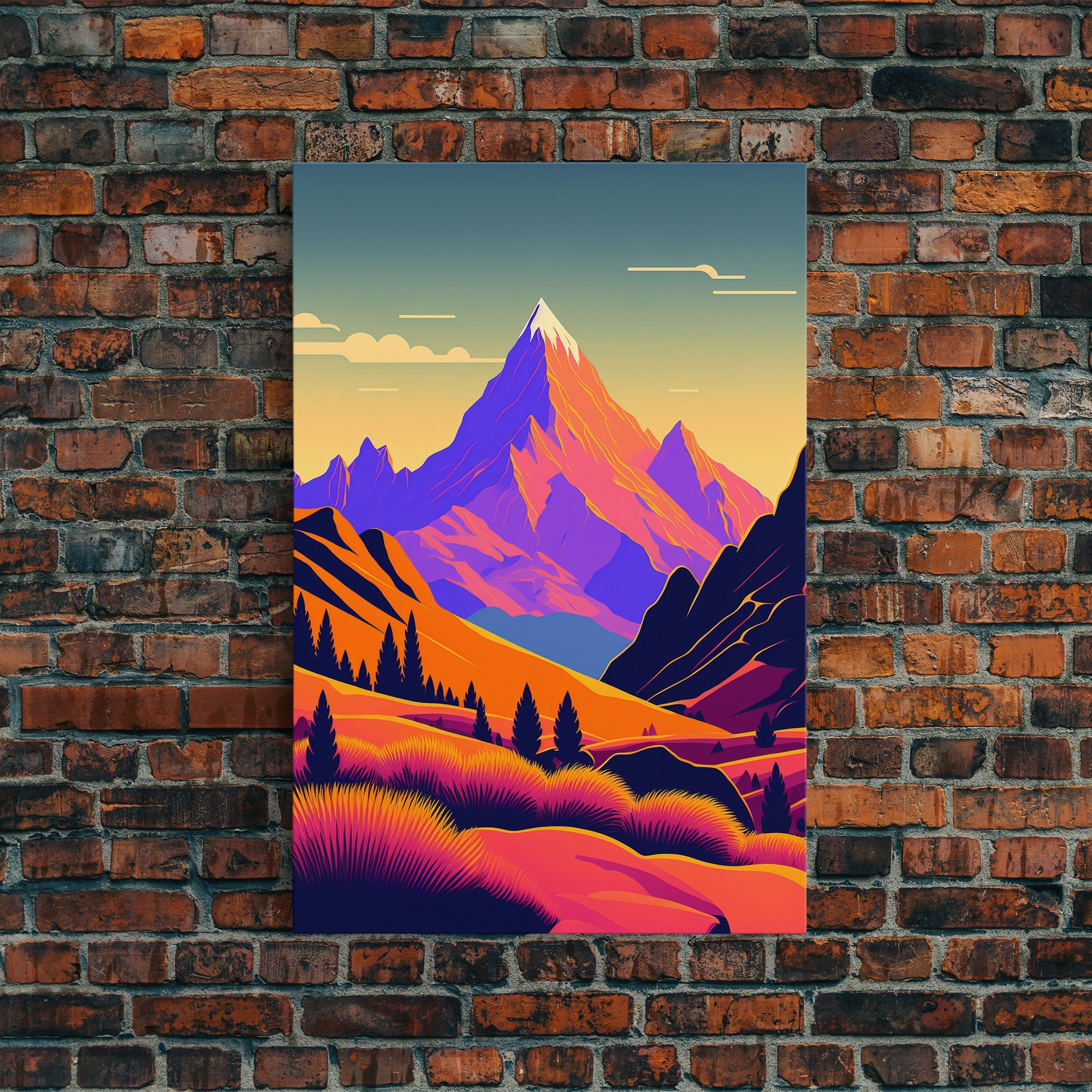 Retro Purple Midcentury Style Wall Art, Framed Canvas Print, Colorful Wall Art, Mountain Landscape, Office Decor, Low Res Art