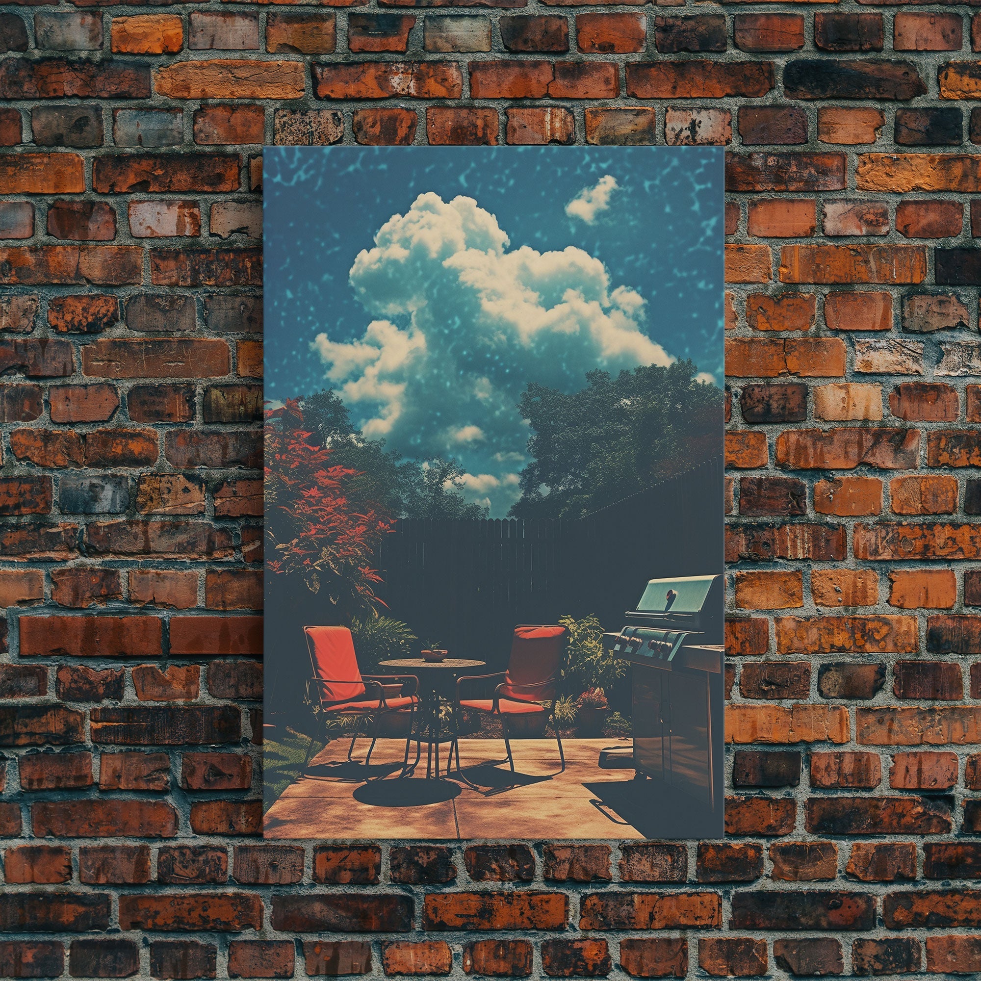 Back Yard Chillin', Summer Vibes, Framed Canvas Print, Retro Midcentury Modern BBQ Art, BBQ During An Eclipse, Liminal Art, Minimalist MCM