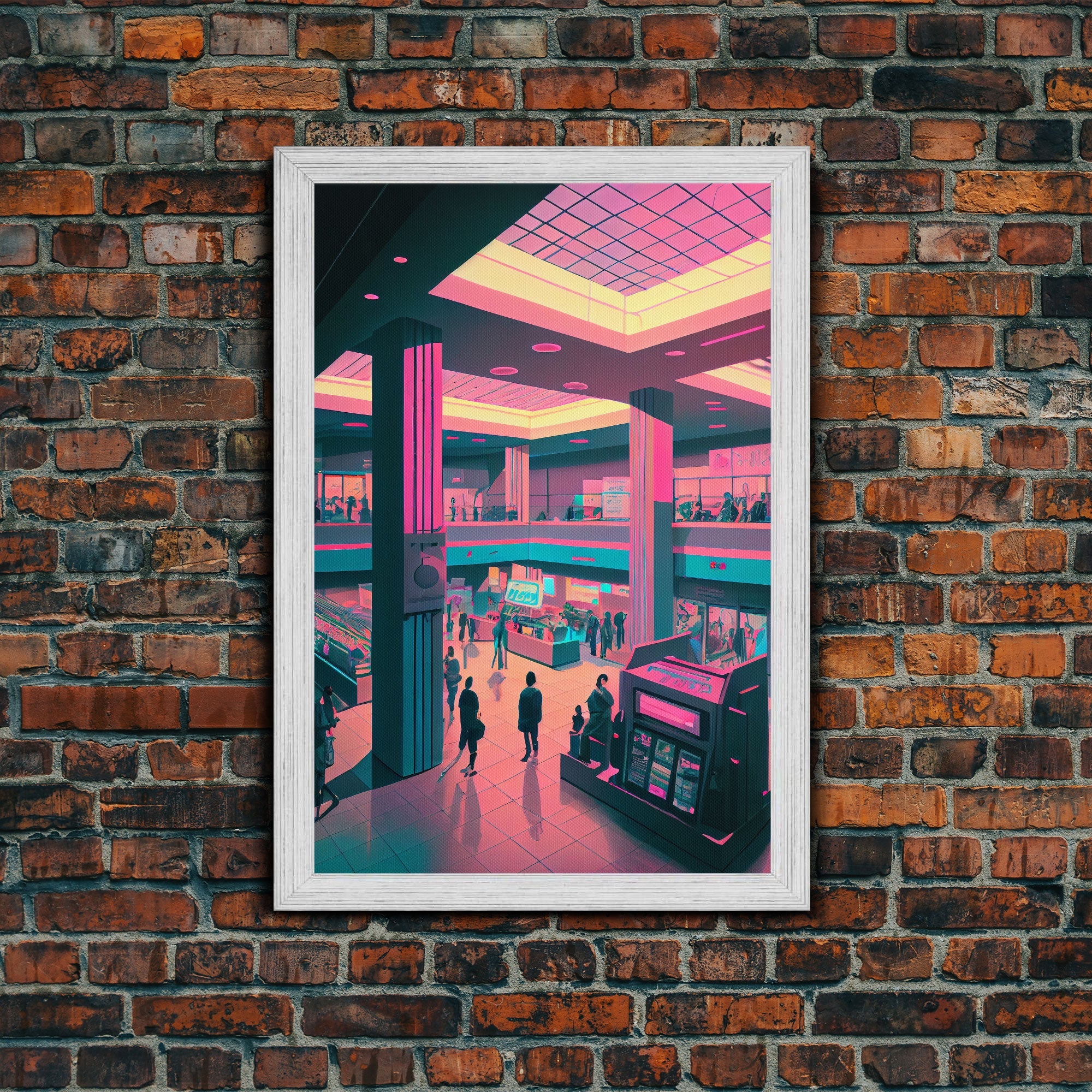 Monument to Capitalism, Retro 80's mall art, framed canvas print, vaporwave aesthetic consumer art