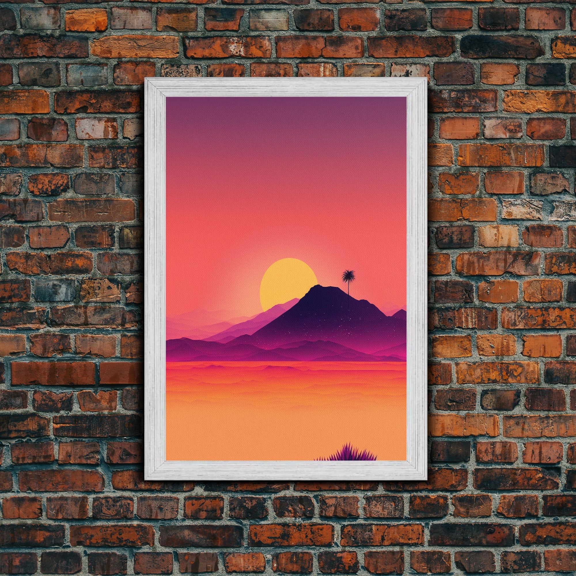 Outrun Style Desert Sunset, Framed Canvas Print, Retro Style 80s Vibe Wall Decor, Office Art, Game Room Decor, Living Room Gamer Art