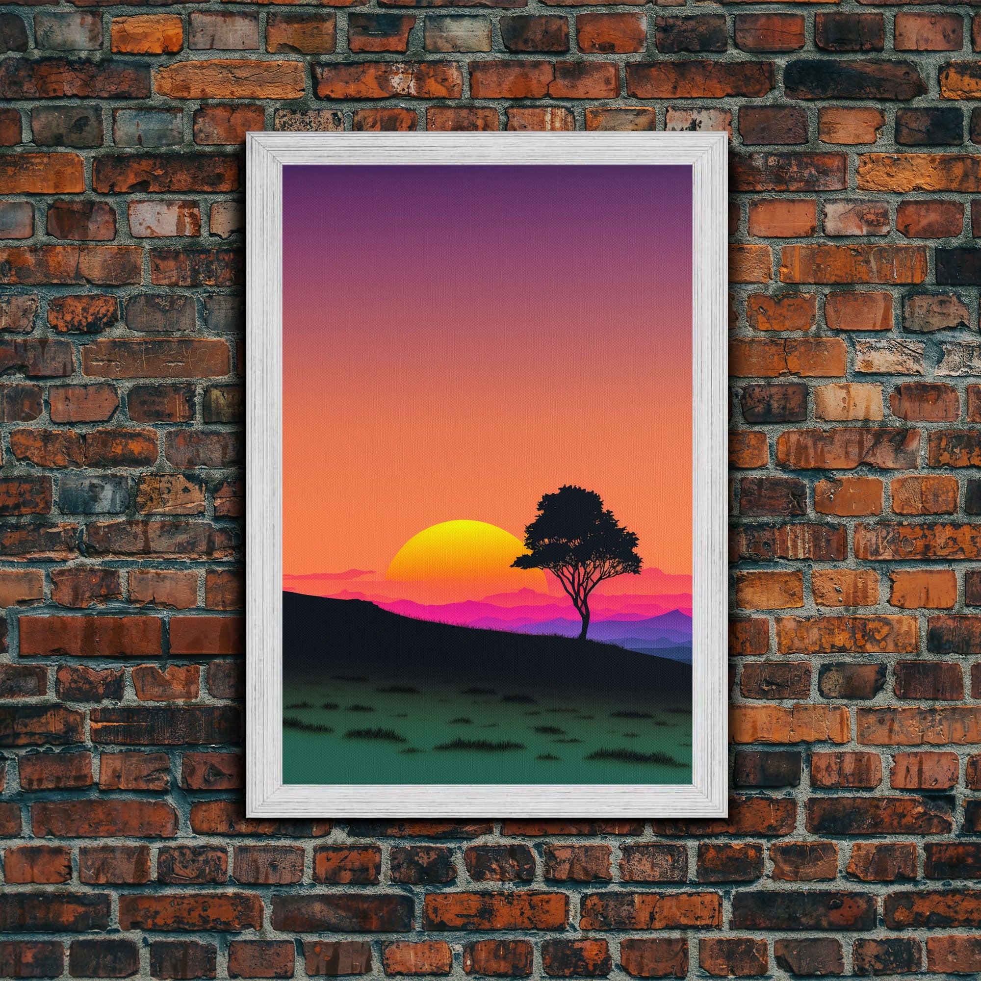 A Lone Tree in a Texas Field At Sunset, Retro Style MCM Art, Framed Canvas Print, Trendy Wall Prints, Landscape and Sunset Outrun Art