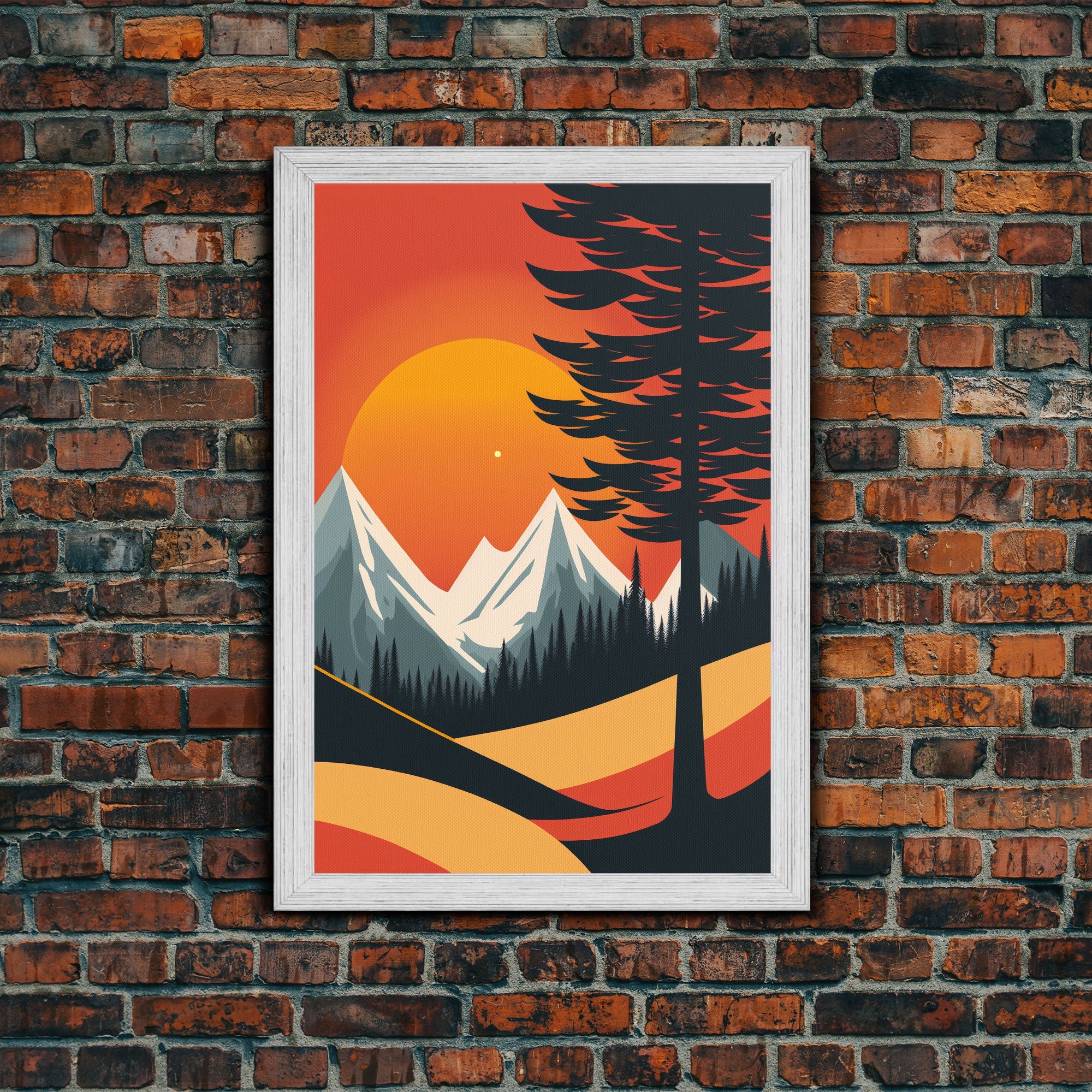 Retro Landscape Art, Sunset Over The Mountains, Framed Canvas Print, Minimalist Pop Art, Above Sofa Living Room Art, Entryway Art