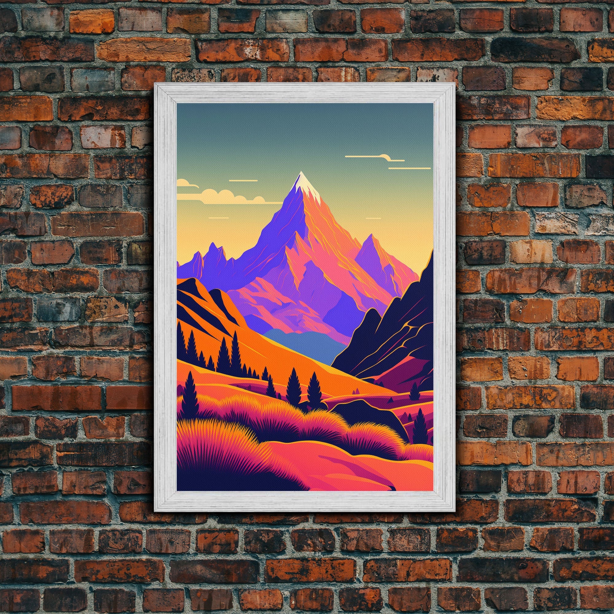 Retro Purple Midcentury Style Wall Art, Framed Canvas Print, Colorful Wall Art, Mountain Landscape, Office Decor, Low Res Art