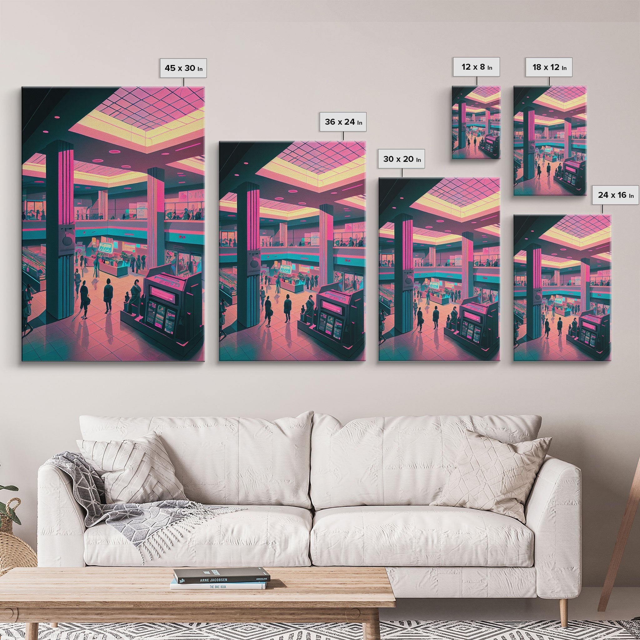 Monument to Capitalism, Retro 80's mall art, framed canvas print, vaporwave aesthetic consumer art