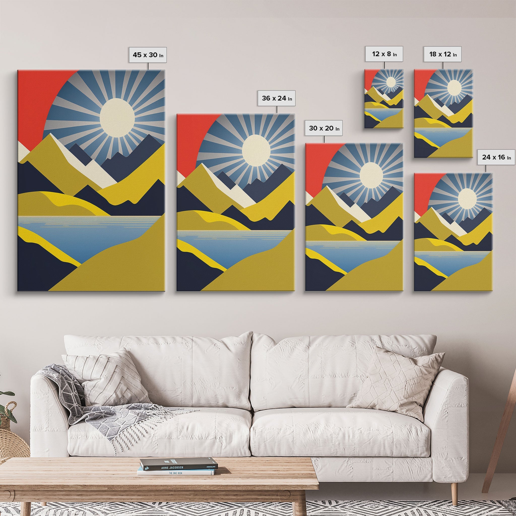 Scandinavian Style Midcentury Wall Art, Framed Canvas Print - Art Deco Minimalist Sunset Retro Style Wall Art Sepia Tones