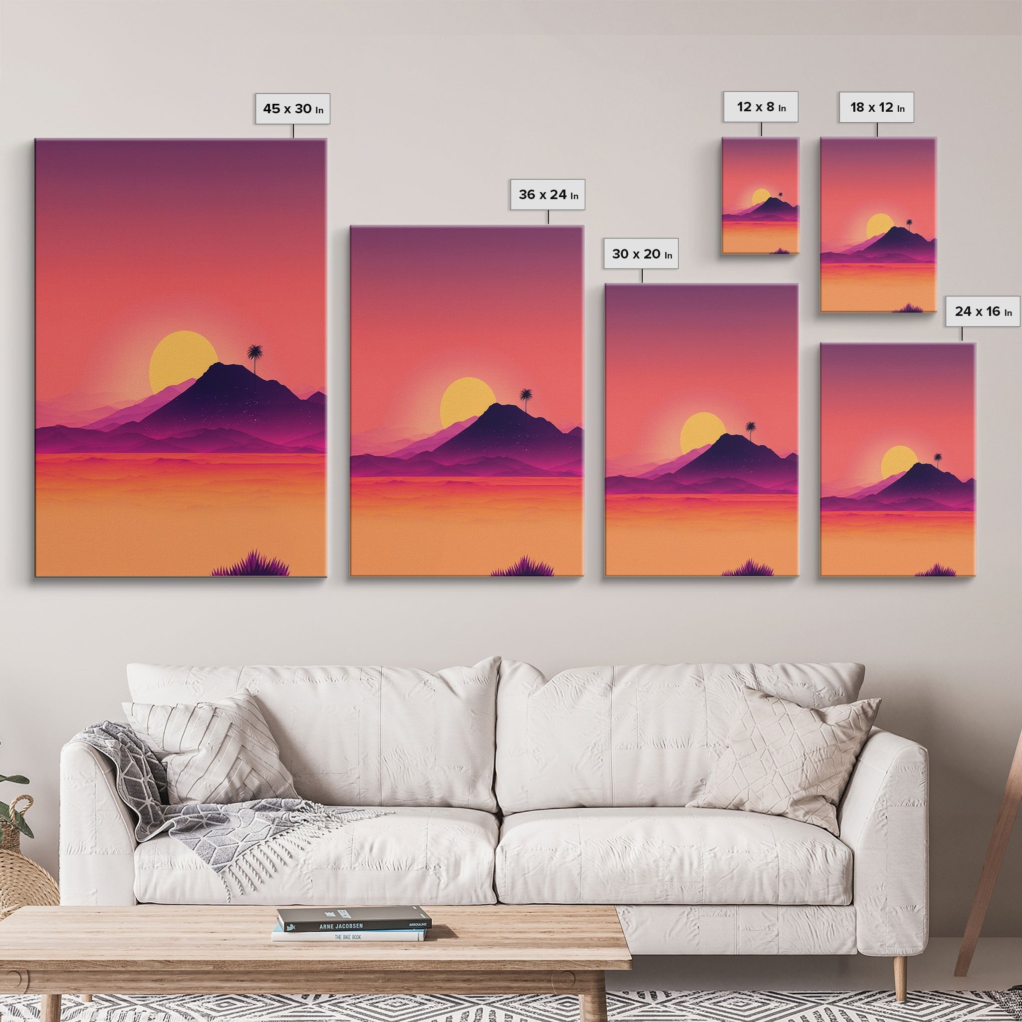 Outrun Style Desert Sunset, Framed Canvas Print, Retro Style 80s Vibe Wall Decor, Office Art, Game Room Decor, Living Room Gamer Art