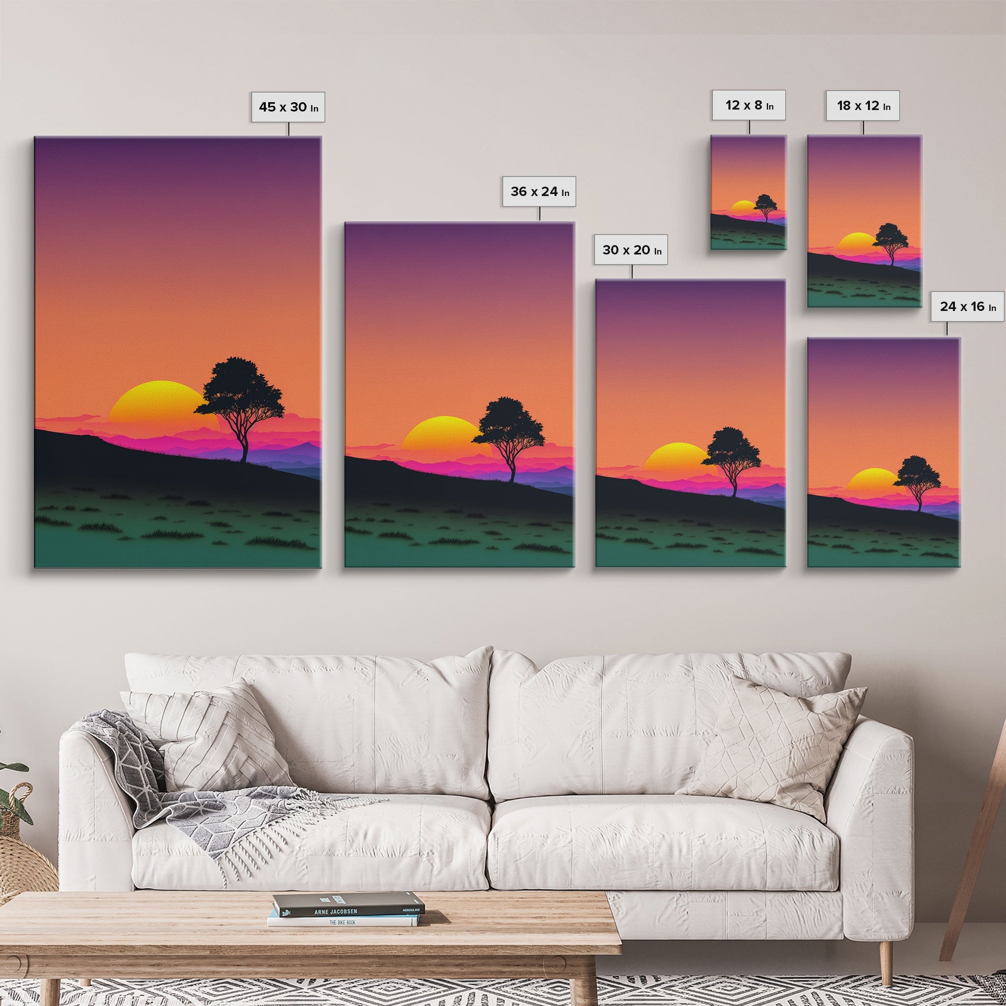 A Lone Tree in a Texas Field At Sunset, Retro Style MCM Art, Framed Canvas Print, Trendy Wall Prints, Landscape and Sunset Outrun Art