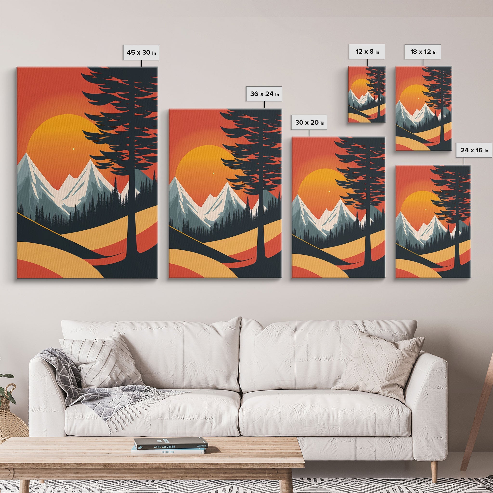 Retro Landscape Art, Sunset Over The Mountains, Framed Canvas Print, Minimalist Pop Art, Above Sofa Living Room Art, Entryway Art