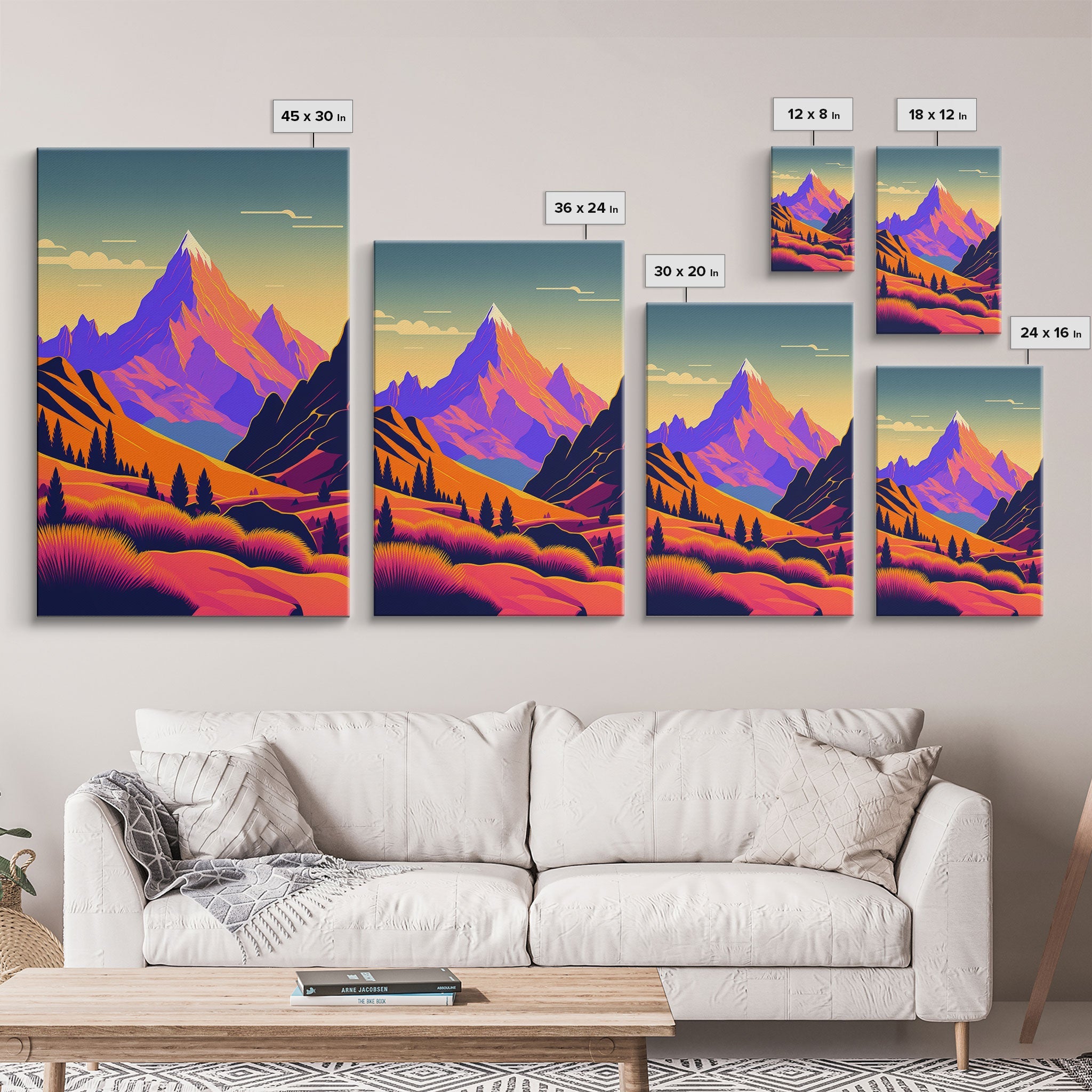 Retro Purple Midcentury Style Wall Art, Framed Canvas Print, Colorful Wall Art, Mountain Landscape, Office Decor, Low Res Art