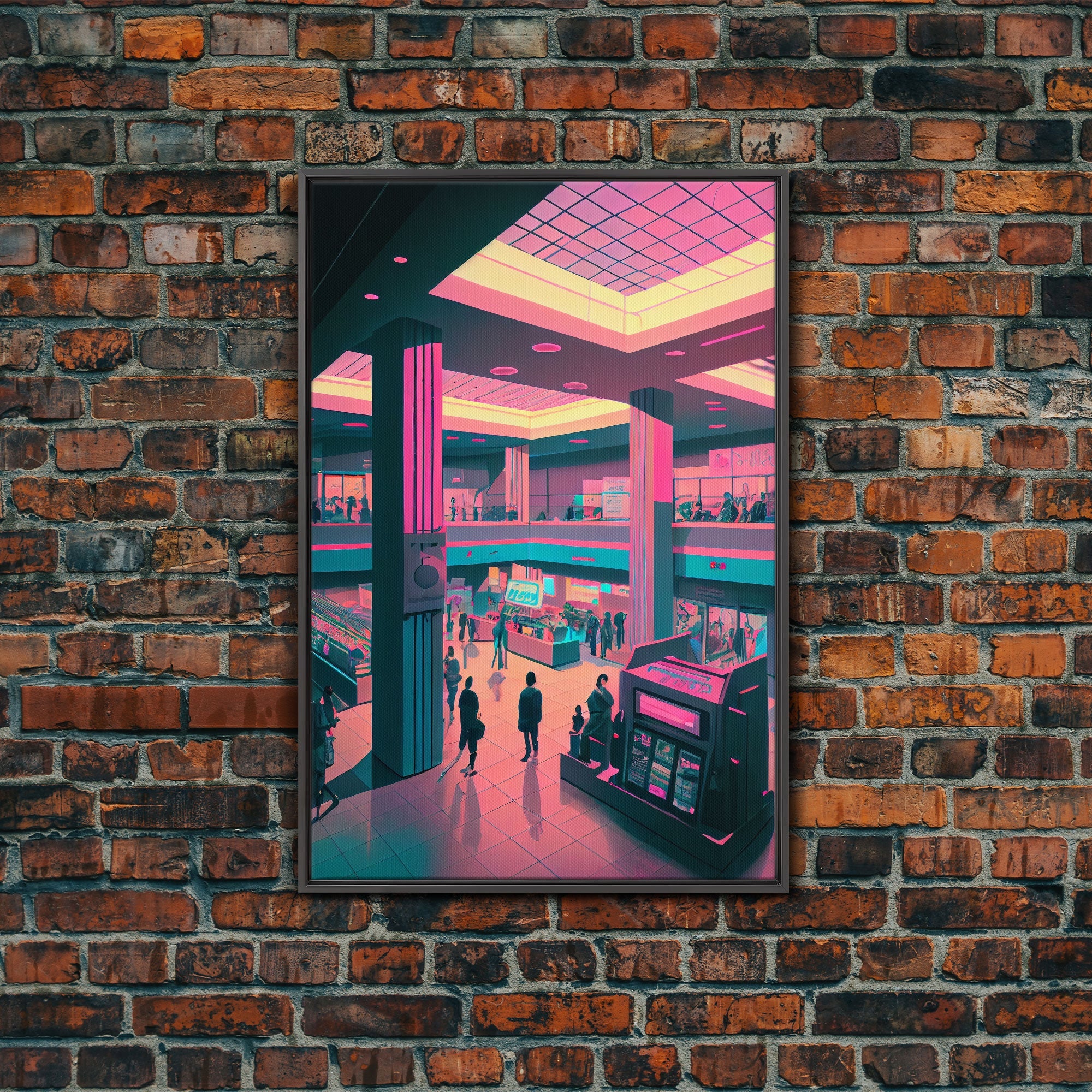 Monument to Capitalism, Retro 80's mall art, framed canvas print, vaporwave aesthetic consumer art