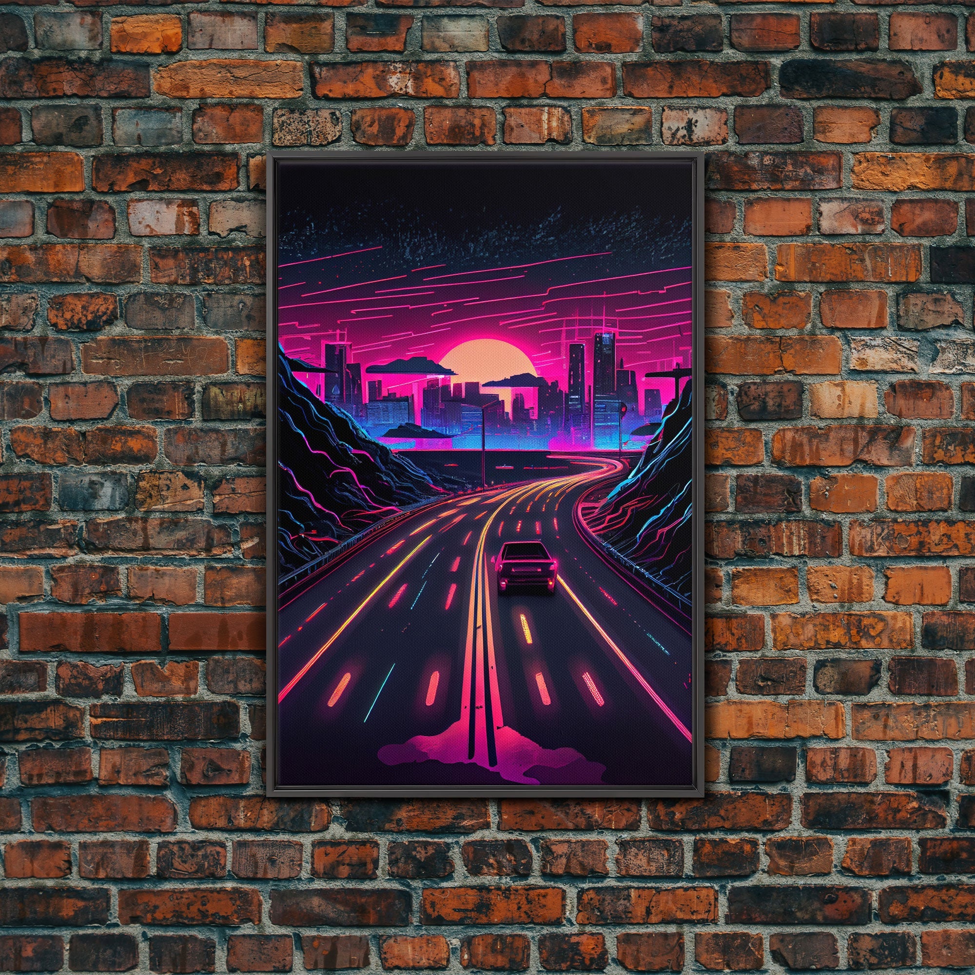 The Drive, Retrowave Outrun Style City Skyline Sunset, 80s Vibes, Framed Canvas Print