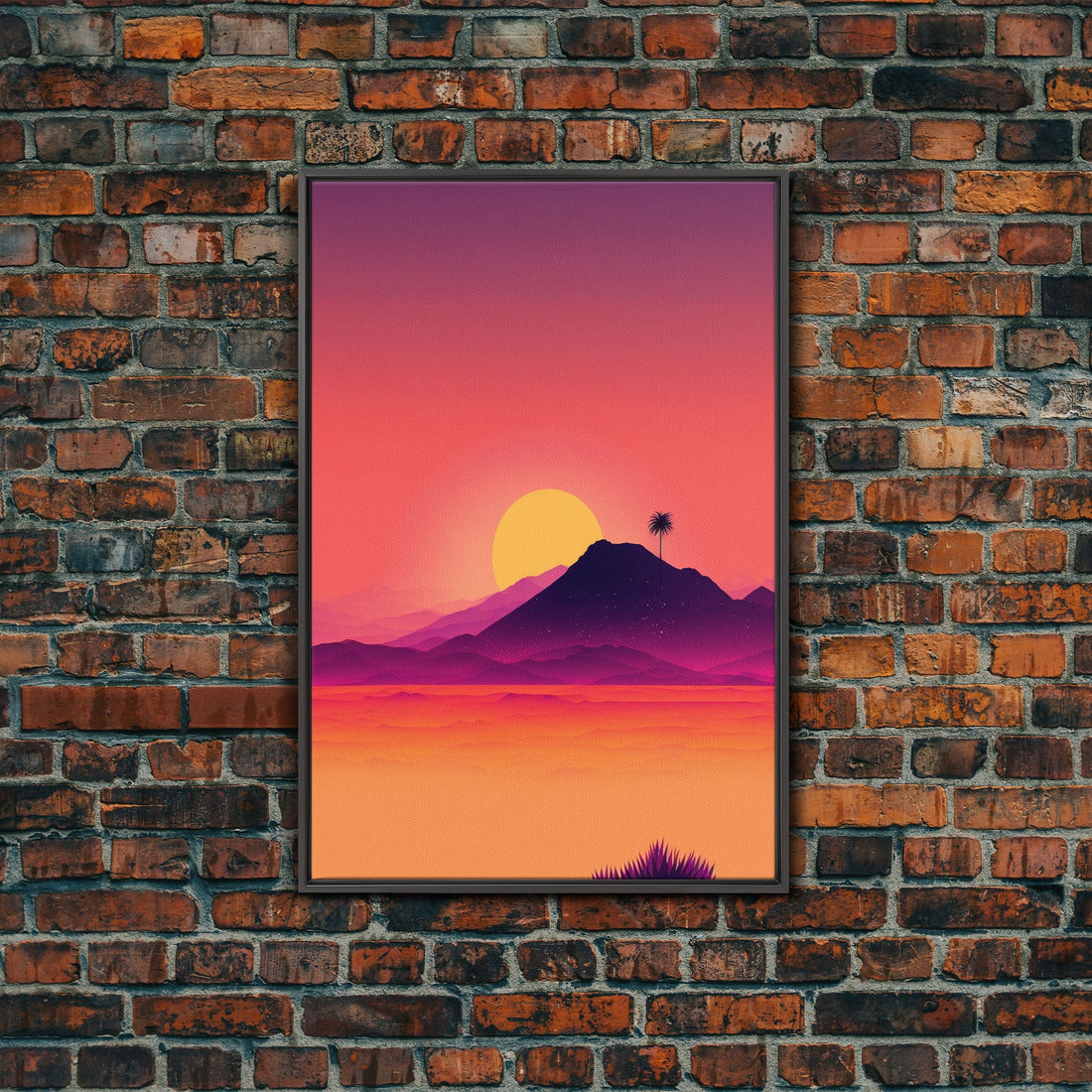 Outrun Style Desert Sunset, Framed Canvas Print, Retro Style 80s Vibe Wall Decor, Office Art, Game Room Decor, Living Room Gamer Art