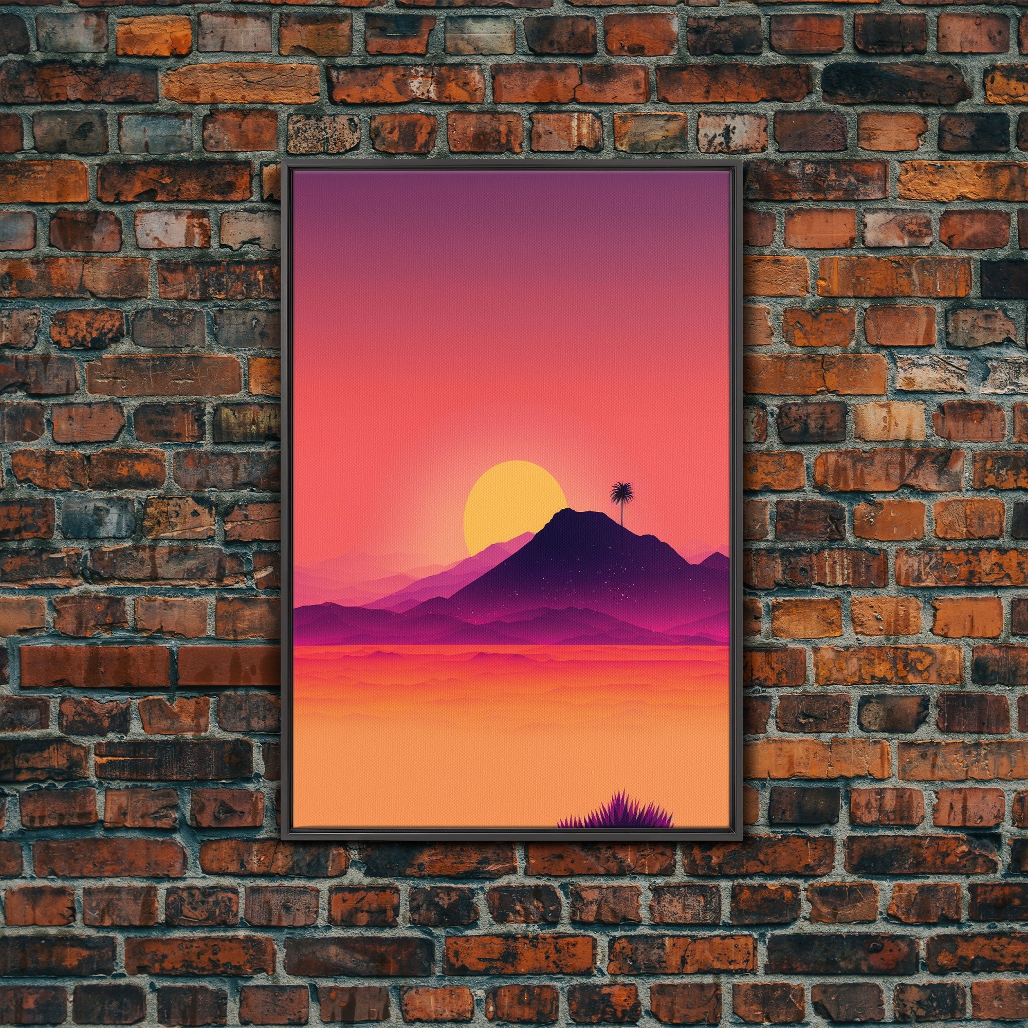 Outrun Style Desert Sunset, Framed Canvas Print, Retro Style 80s Vibe Wall Decor, Office Art, Game Room Decor, Living Room Gamer Art