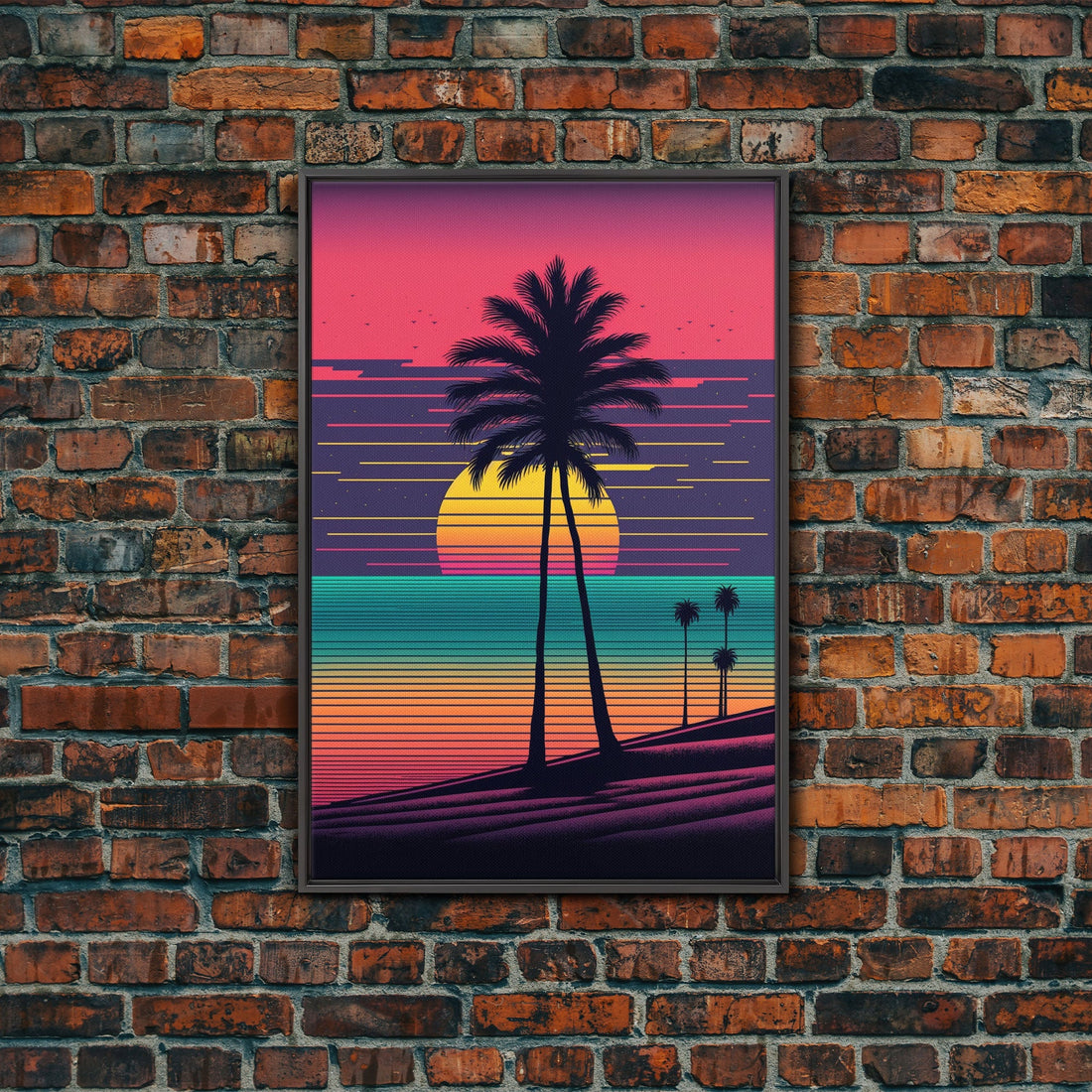 Synthwave Sunset, Retro Office Art, 80s Vibes, Framed Canvas Print, Framed Art, Trendy Wall Hanging