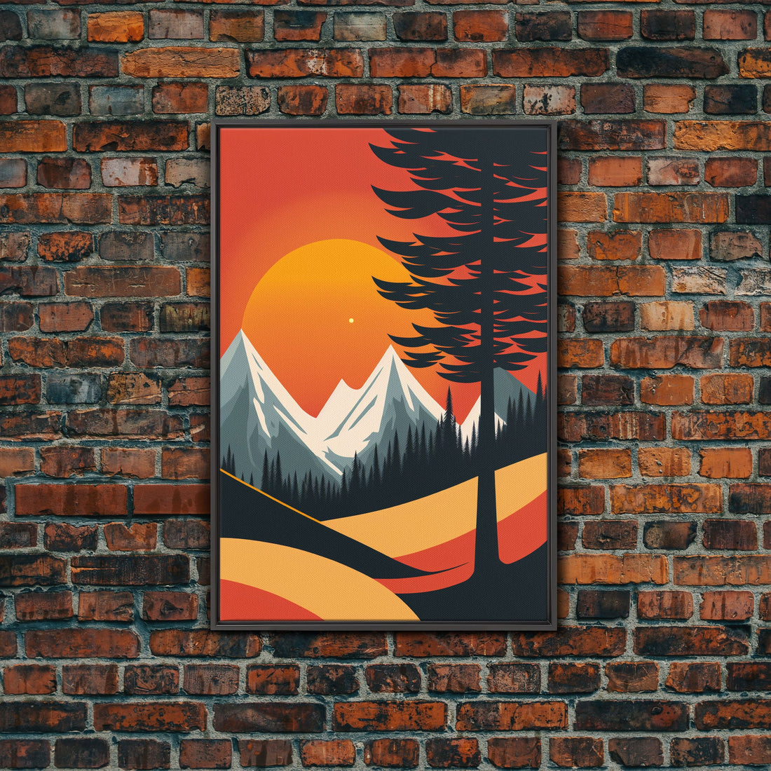 Retro Landscape Art, Sunset Over The Mountains, Framed Canvas Print, Minimalist Pop Art, Above Sofa Living Room Art, Entryway Art