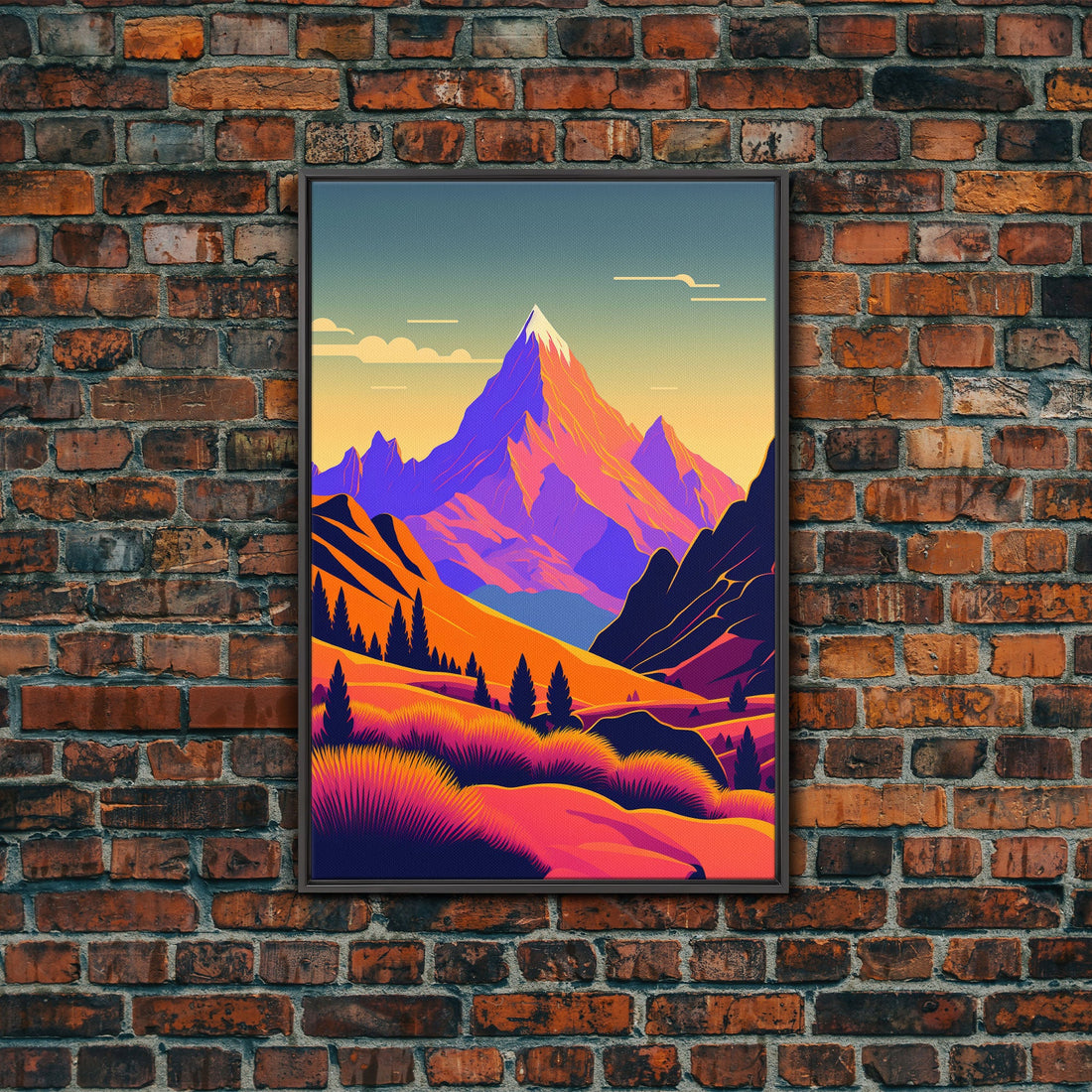 Retro Purple Midcentury Style Wall Art, Framed Canvas Print, Colorful Wall Art, Mountain Landscape, Office Decor, Low Res Art