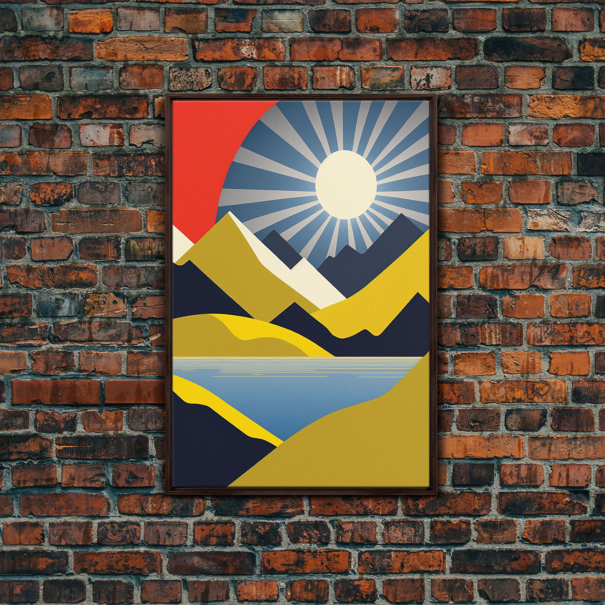 Scandinavian Style Midcentury Wall Art, Framed Canvas Print - Art Deco Minimalist Sunset Retro Style Wall Art Sepia Tones