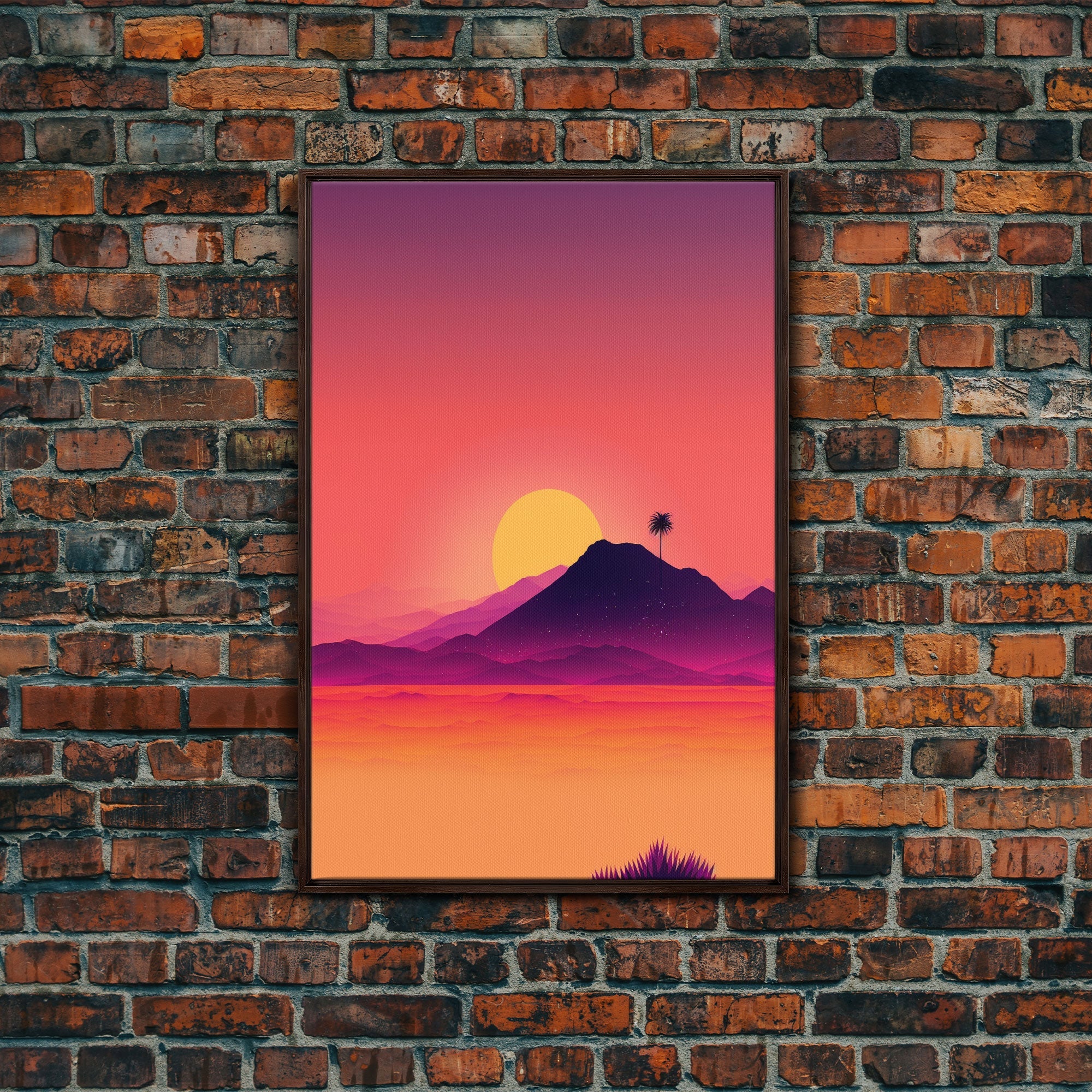 Outrun Style Desert Sunset, Framed Canvas Print, Retro Style 80s Vibe Wall Decor, Office Art, Game Room Decor, Living Room Gamer Art