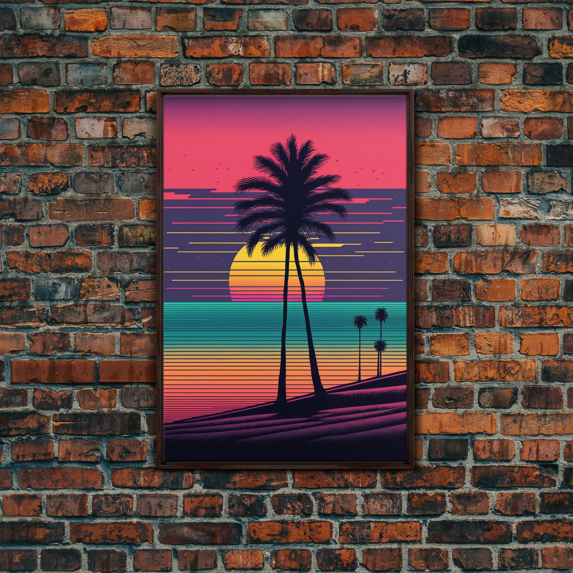 Synthwave Sunset, Retro Office Art, 80s Vibes, Framed Canvas Print, Framed Art, Trendy Wall Hanging