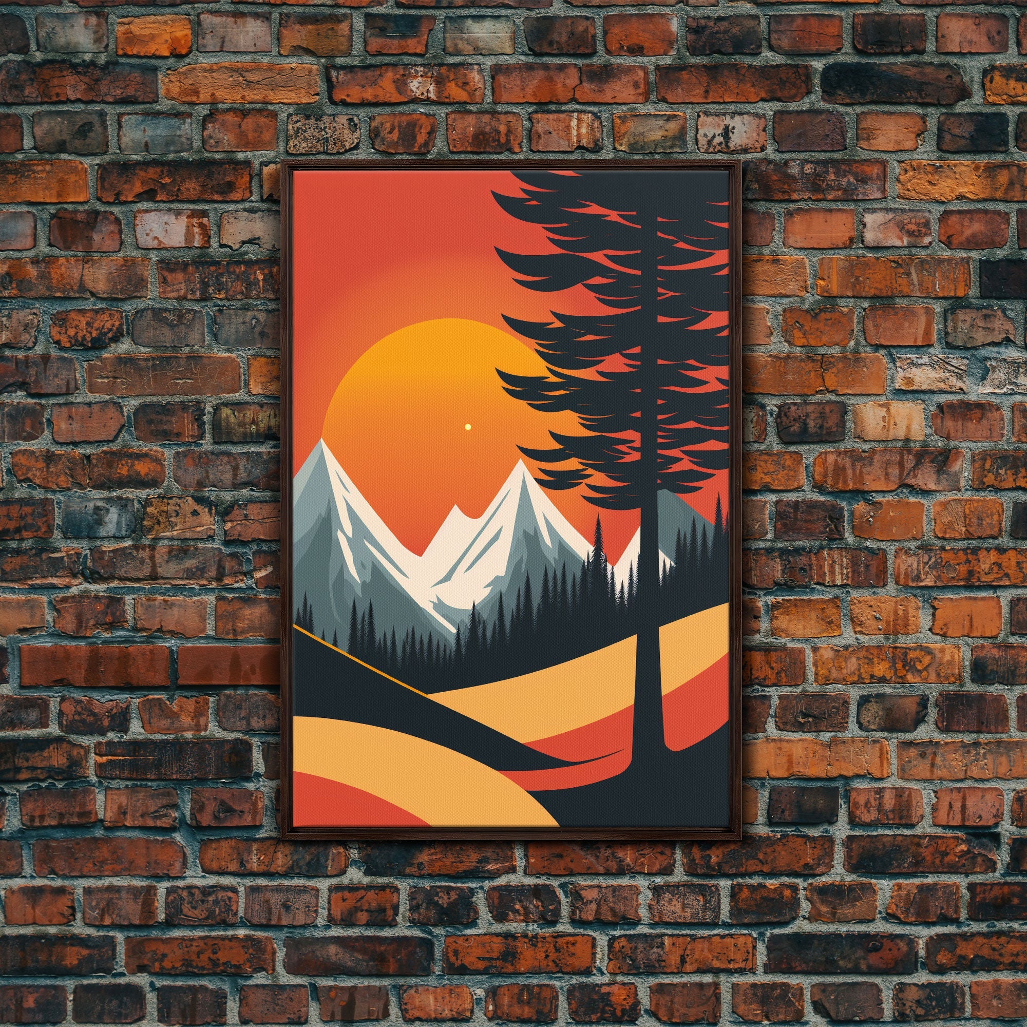 Retro Landscape Art, Sunset Over The Mountains, Framed Canvas Print, Minimalist Pop Art, Above Sofa Living Room Art, Entryway Art