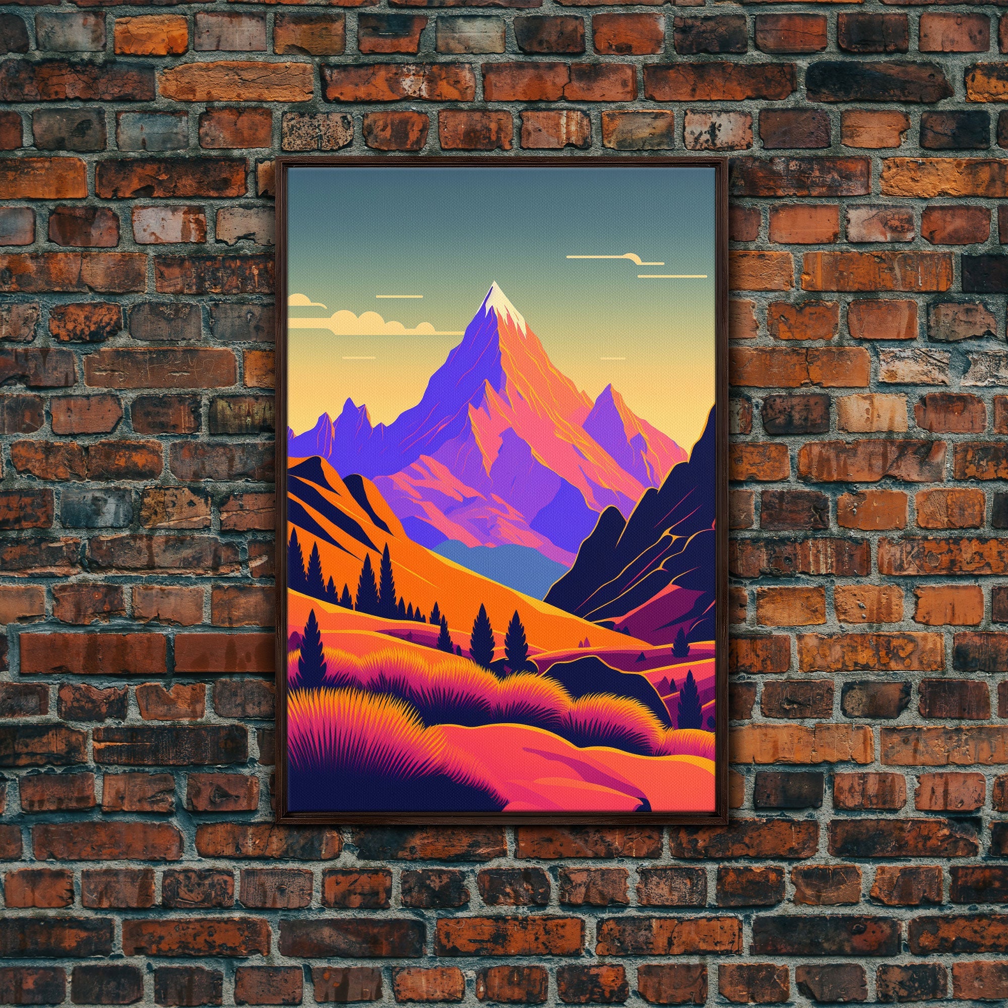 Retro Purple Midcentury Style Wall Art, Framed Canvas Print, Colorful Wall Art, Mountain Landscape, Office Decor, Low Res Art