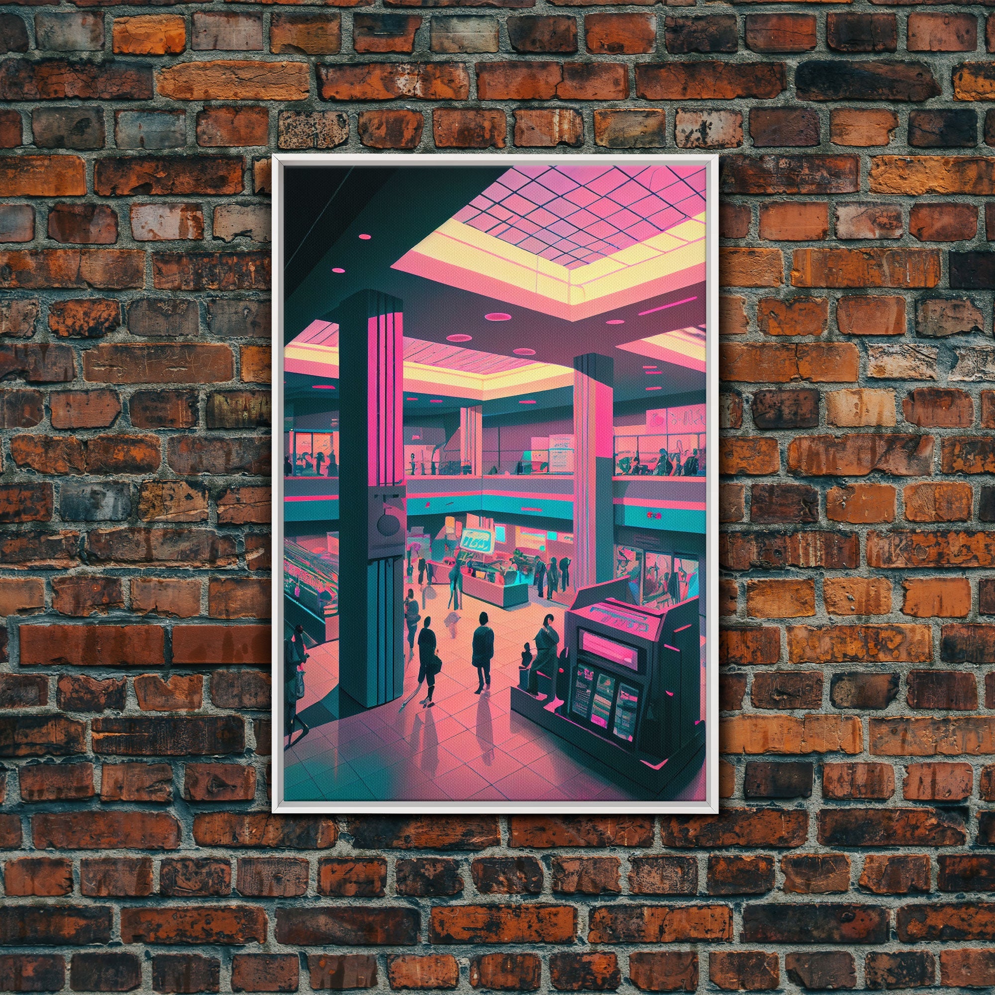 Monument to Capitalism, Retro 80's mall art, framed canvas print, vaporwave aesthetic consumer art