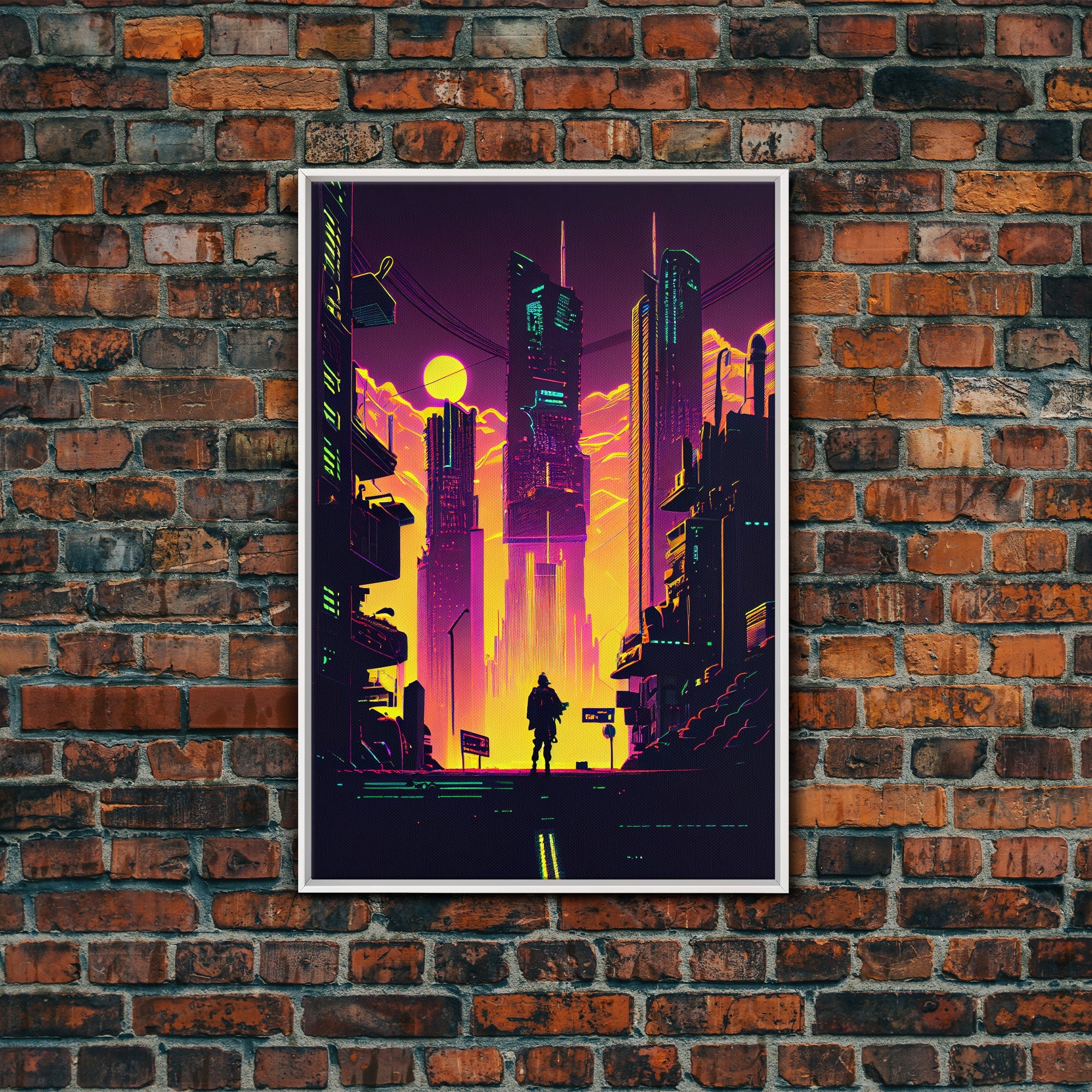 Cyberpunk art, Retrowave style dystopian cityscape art, game room art, framed canvas print, retro wave city skyline