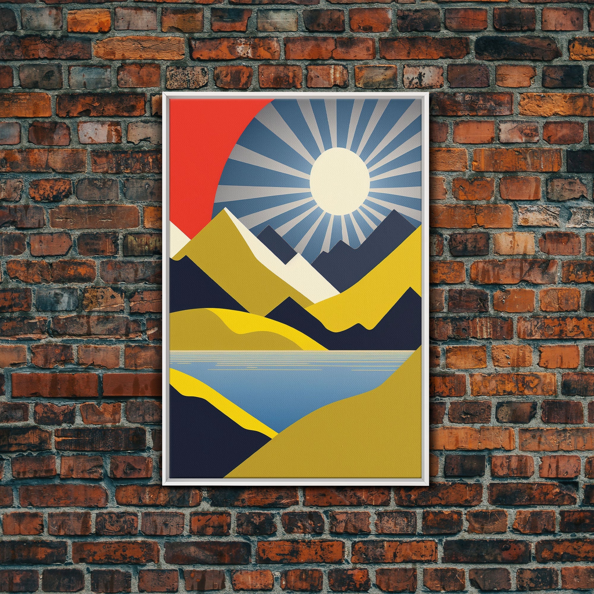 Scandinavian Style Midcentury Wall Art, Framed Canvas Print - Art Deco Minimalist Sunset Retro Style Wall Art Sepia Tones