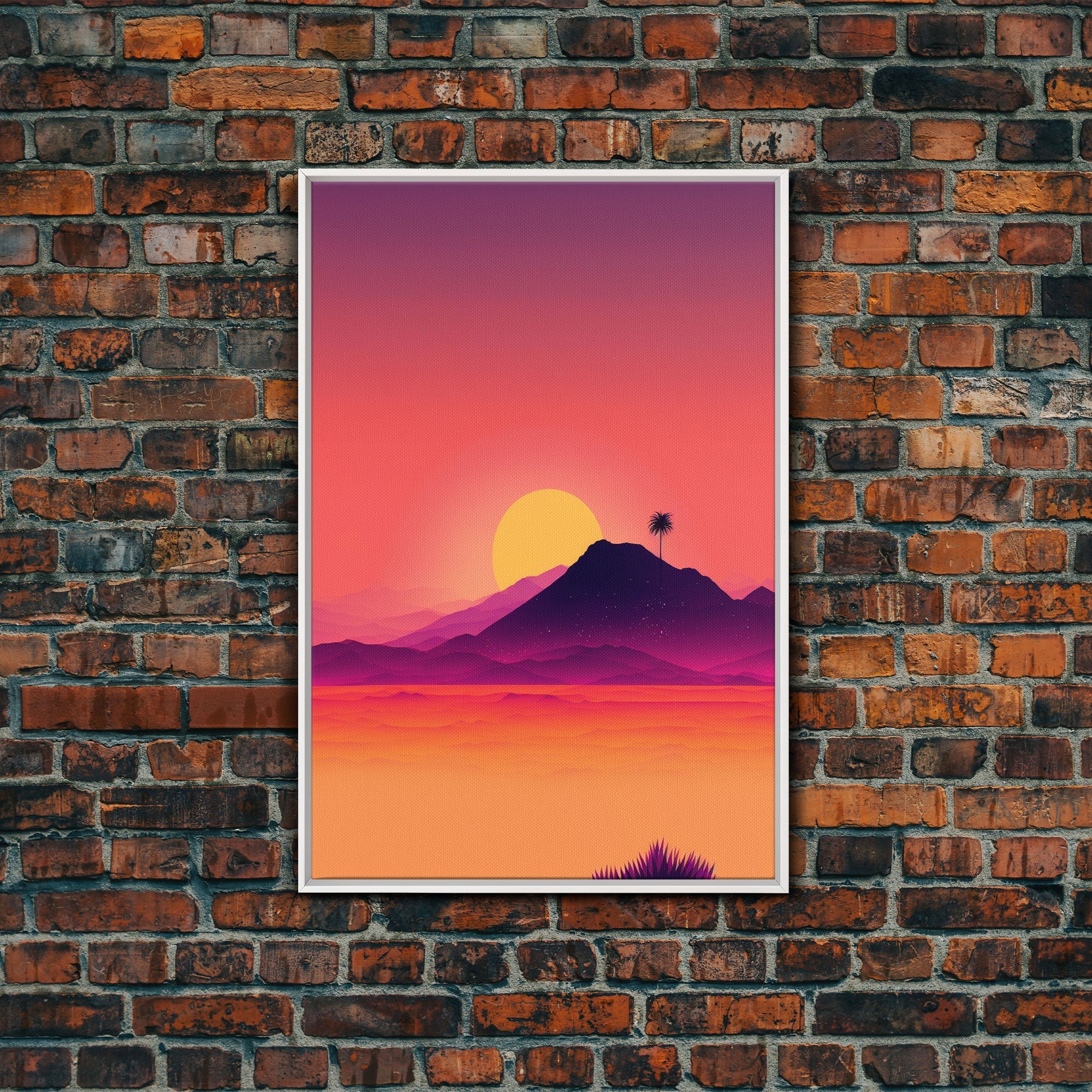 Outrun Style Desert Sunset, Framed Canvas Print, Retro Style 80s Vibe Wall Decor, Office Art, Game Room Decor, Living Room Gamer Art