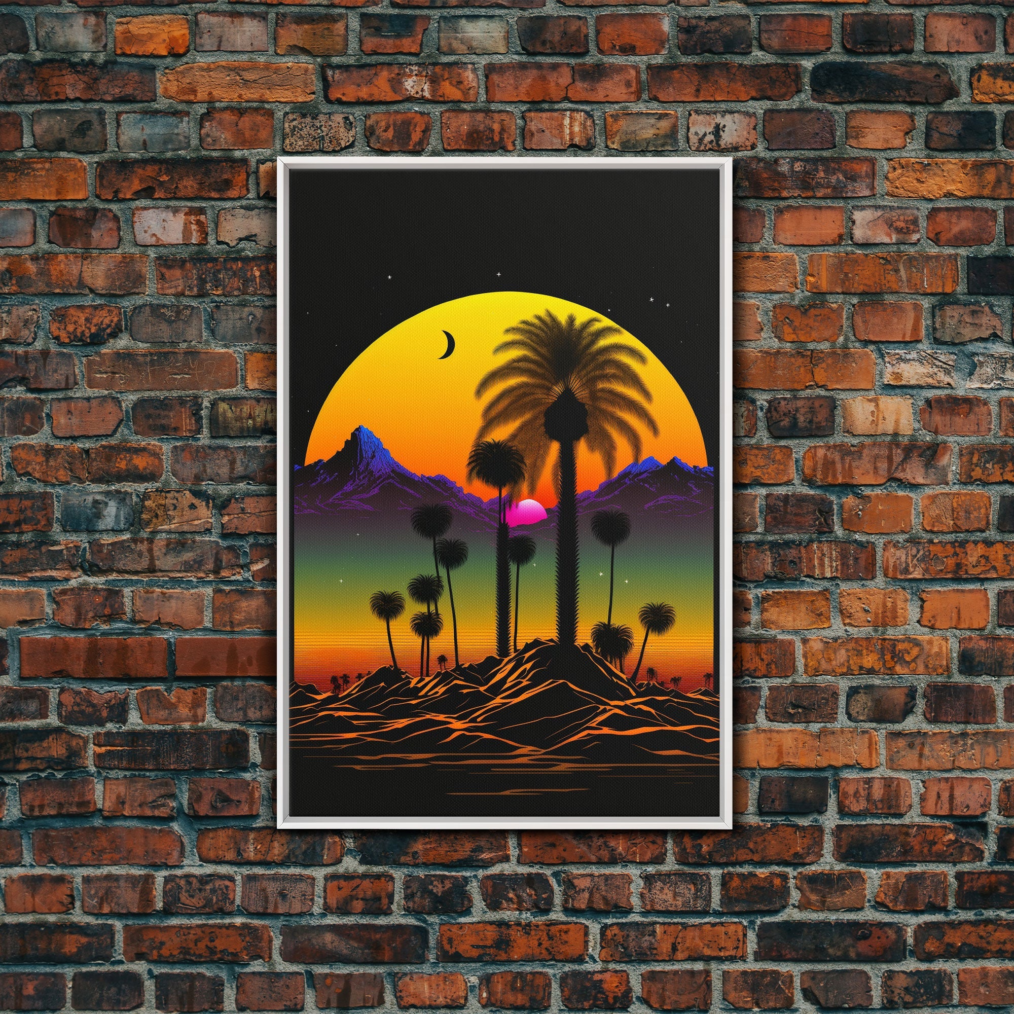 Pop Art Framed Canvas Print of Desert Landscape at Sunset, Outrun Style Sunset Full Moon Art, Unique 80s Vibe Retro Art