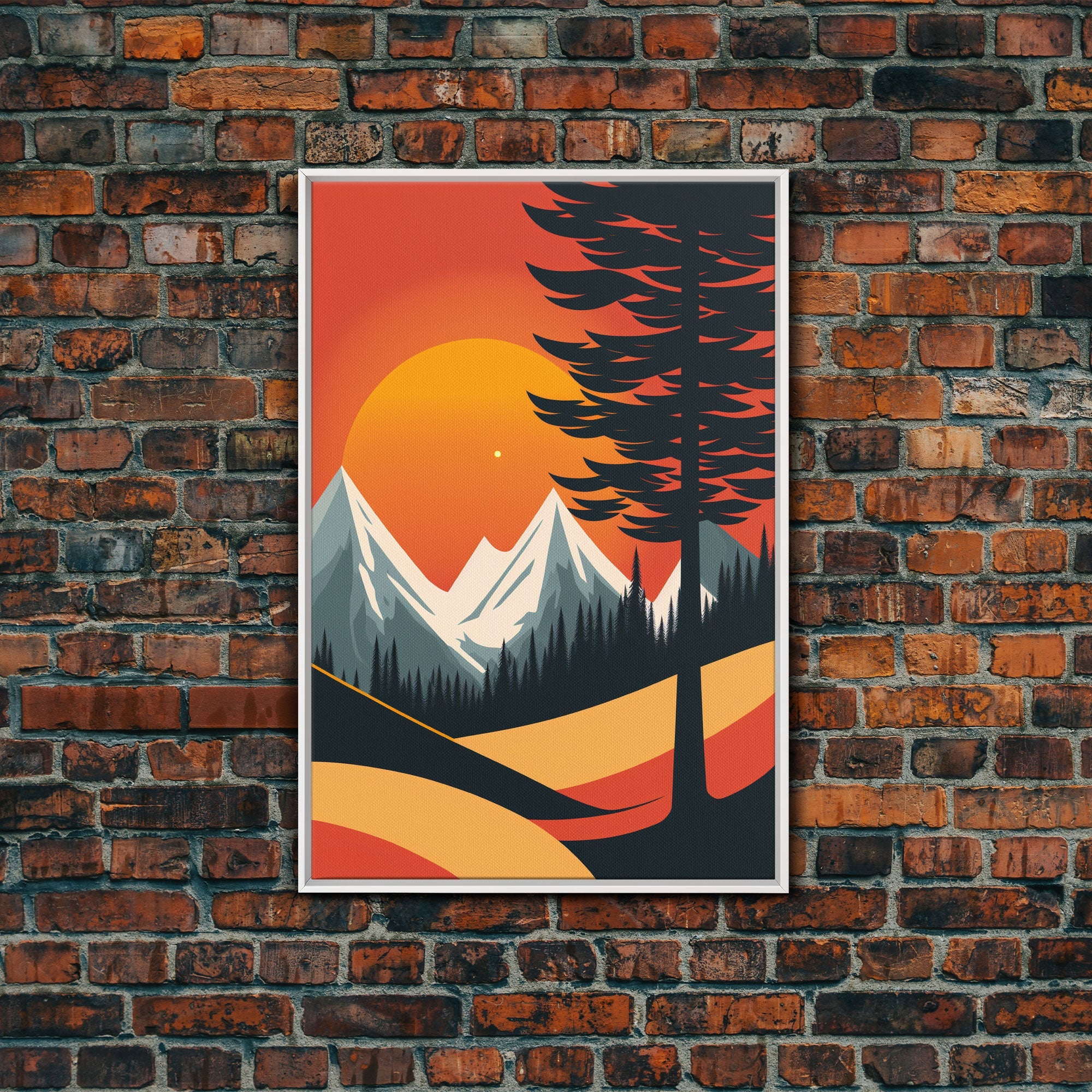 Retro Landscape Art, Sunset Over The Mountains, Framed Canvas Print, Minimalist Pop Art, Above Sofa Living Room Art, Entryway Art