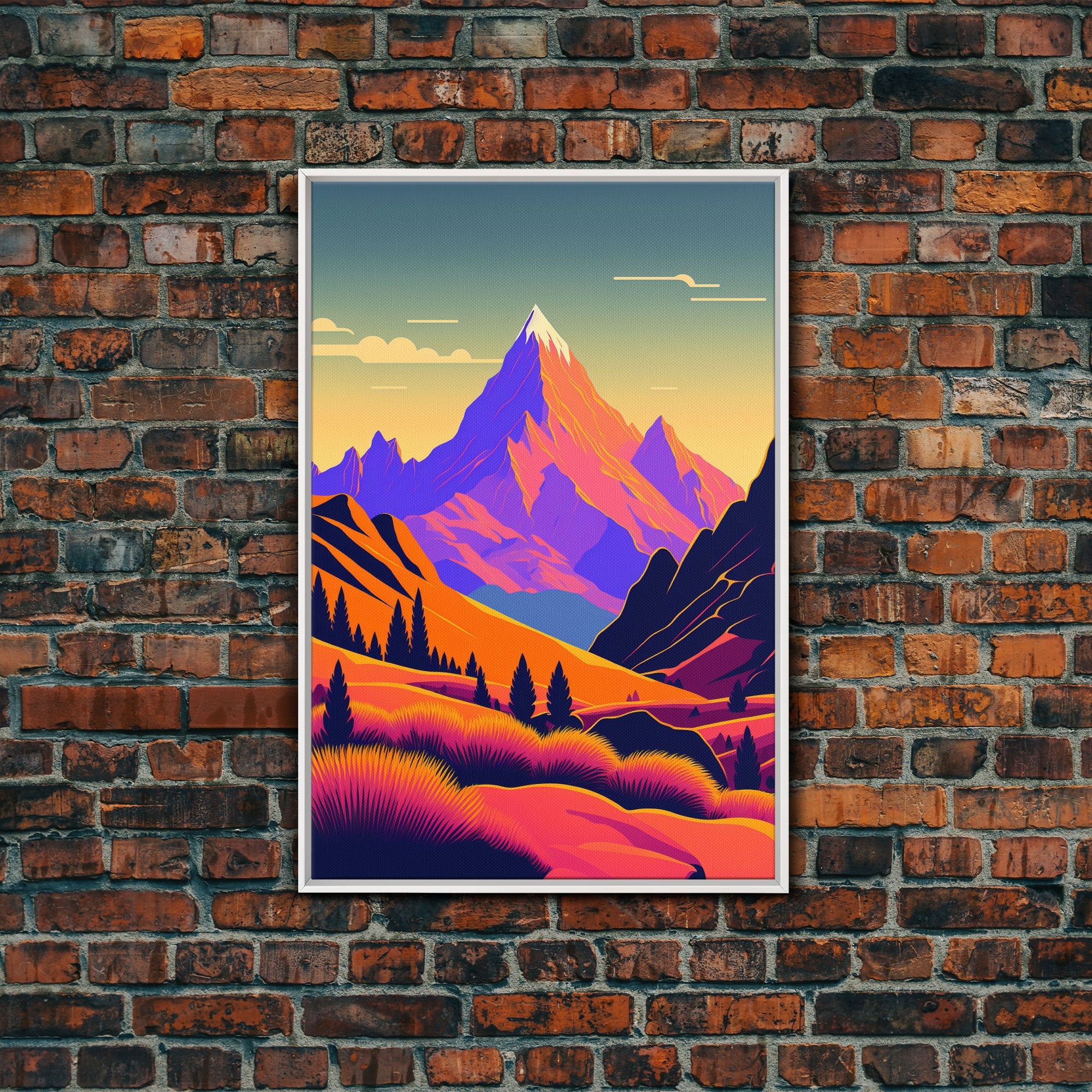 Retro Purple Midcentury Style Wall Art, Framed Canvas Print, Colorful Wall Art, Mountain Landscape, Office Decor, Low Res Art