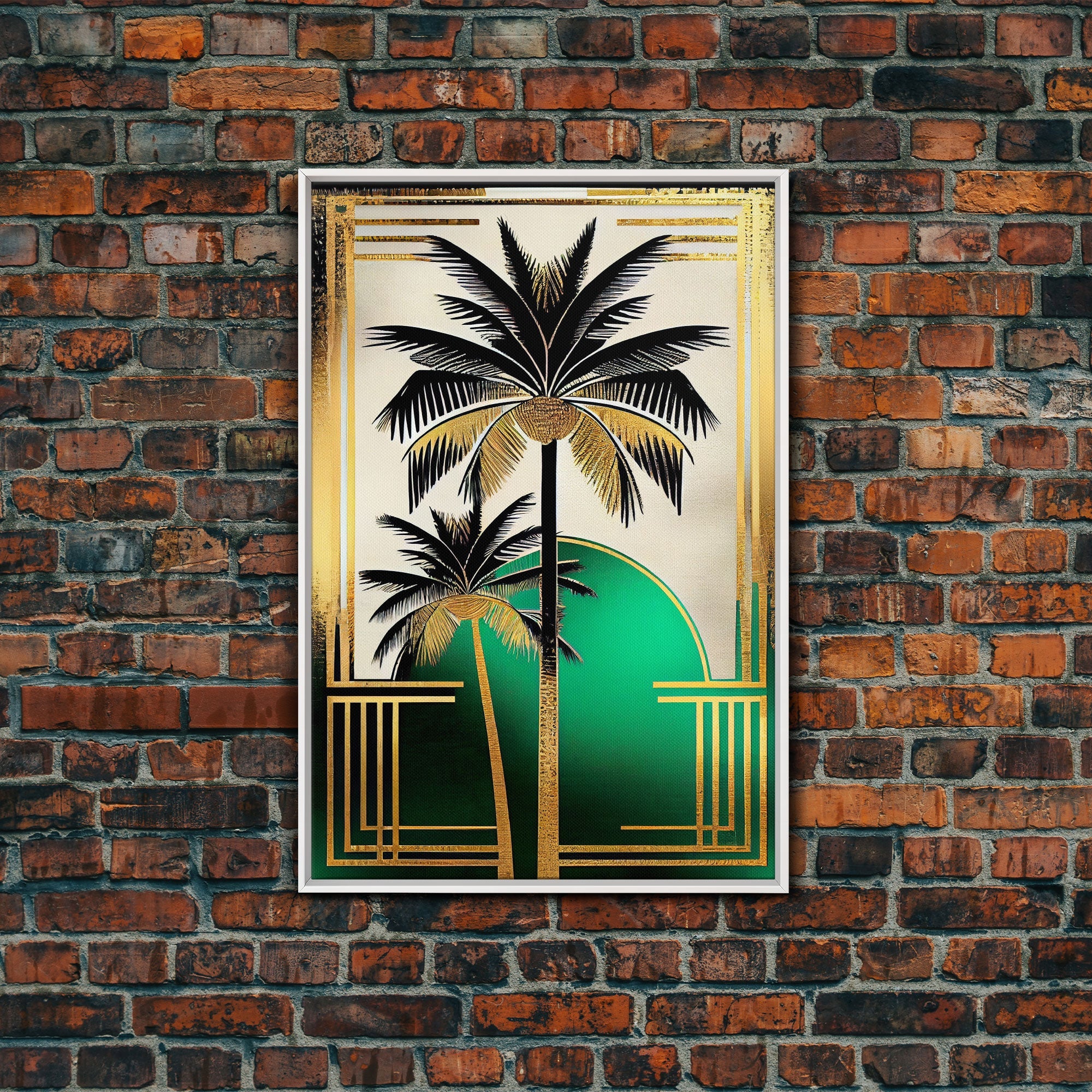 Boho Modern Frank Lloyd Wright-inspired Art Deco Canvas Print, Emerald Green and Gold Palm Tree, wall decor, wall art original, MCM Art
