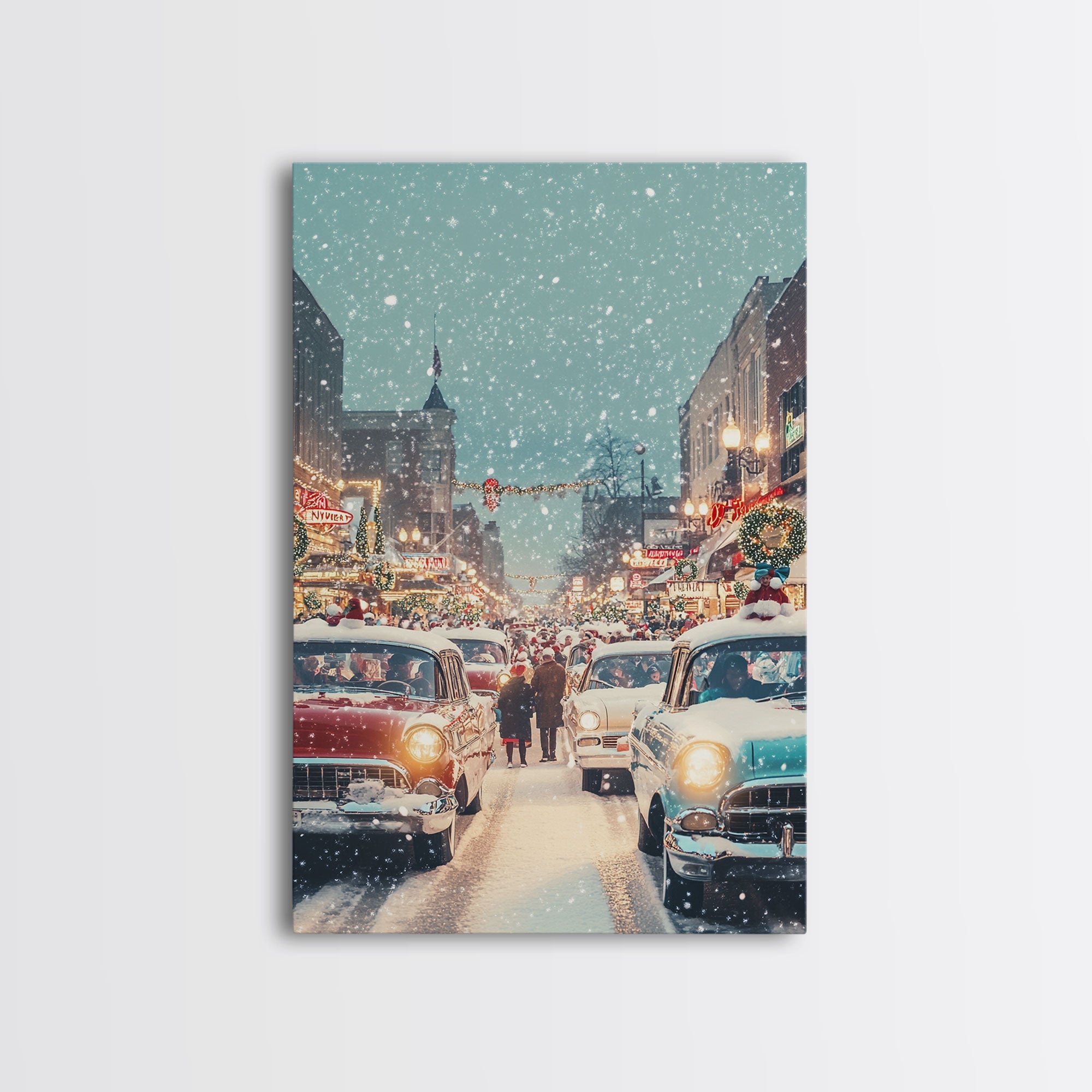 Retro Christmas Parade on Snowy Main Street with Classic Cars and Holiday Decorations, Framed Canvas Print for Christmas Wall Decor