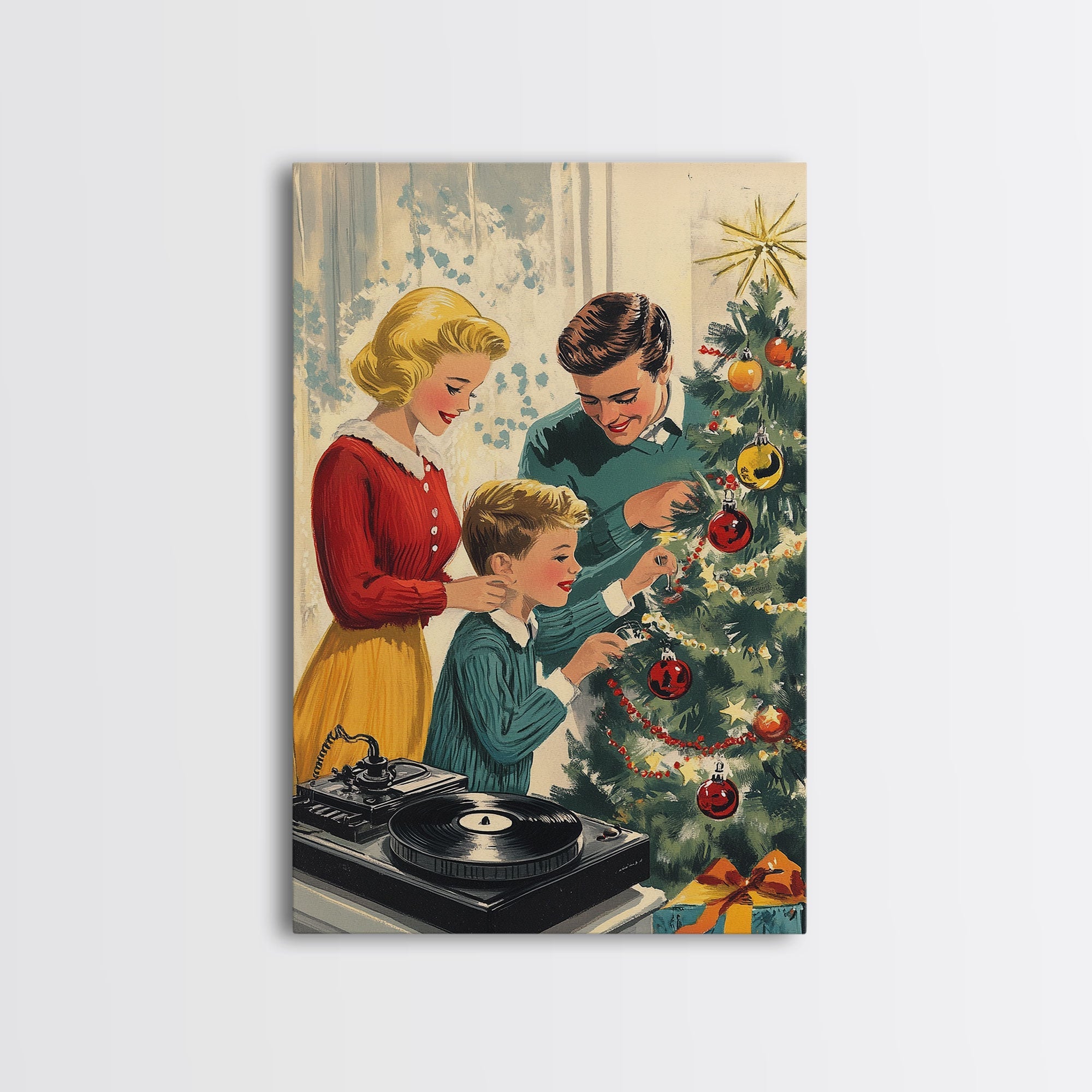 Mid-Century Family Christmas Celebration with Turntable and Christmas Tree, Retro Holiday Wall Art, Framed Canvas Print