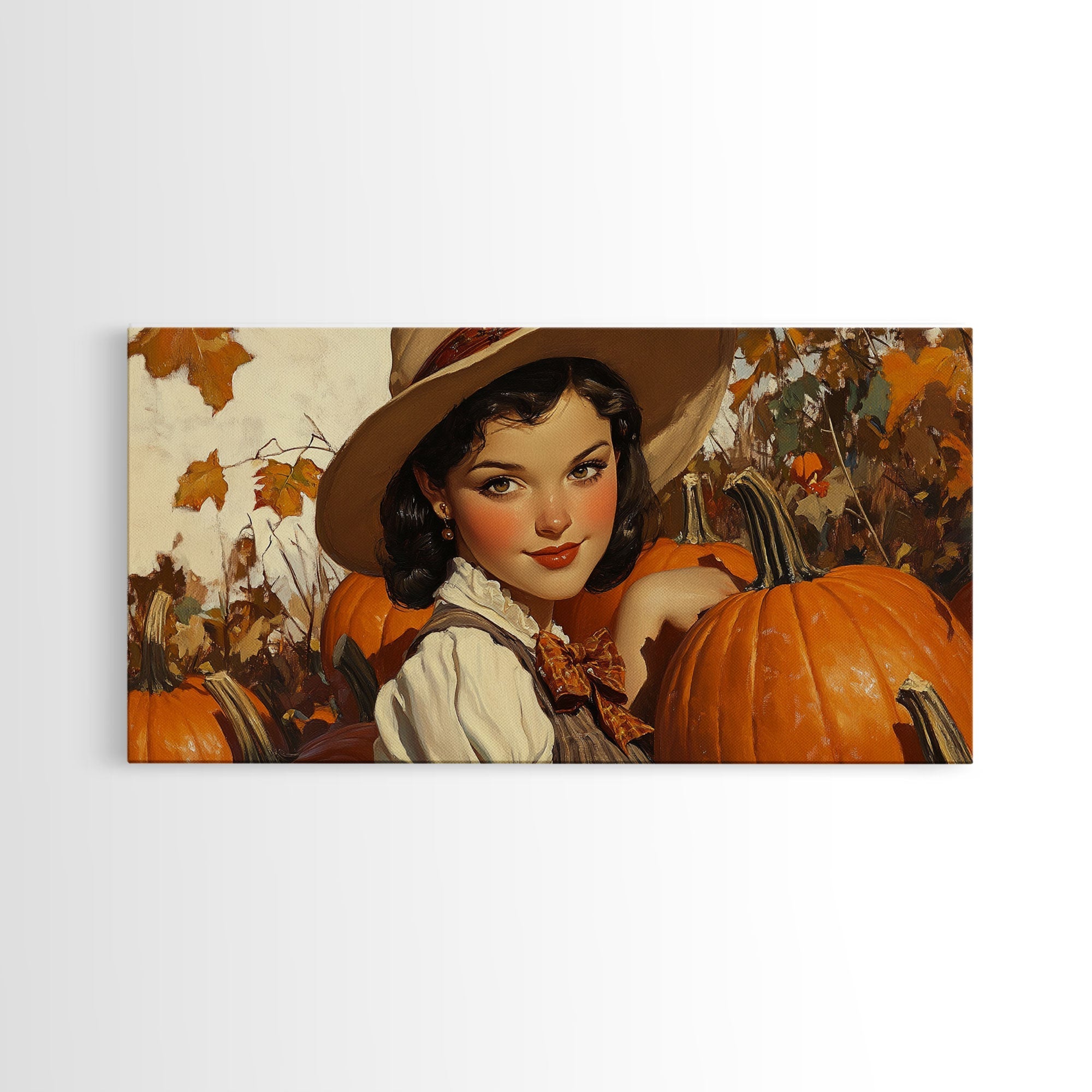 Cowgirl In A Pumpkin Patch, Framed Canvas Print, Retro Style Fall or Thanksgiving Wall Art, Farmhouse Decor, Christmas Wall Decor Gift