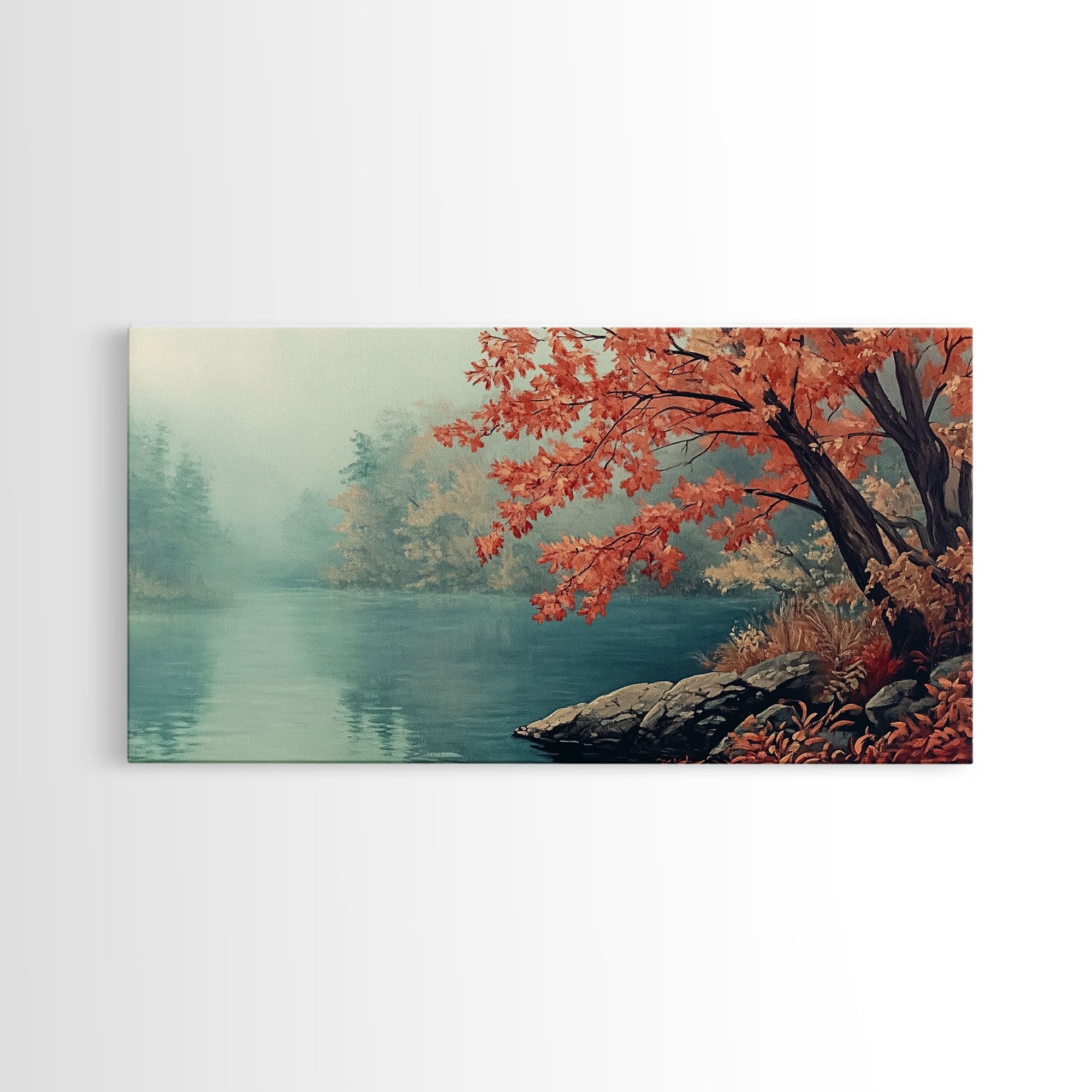 Fall On The Lake, Watercolor Landscape Painting Framed Canvas Print, retro holiday decor wall art with nostalgic vibe